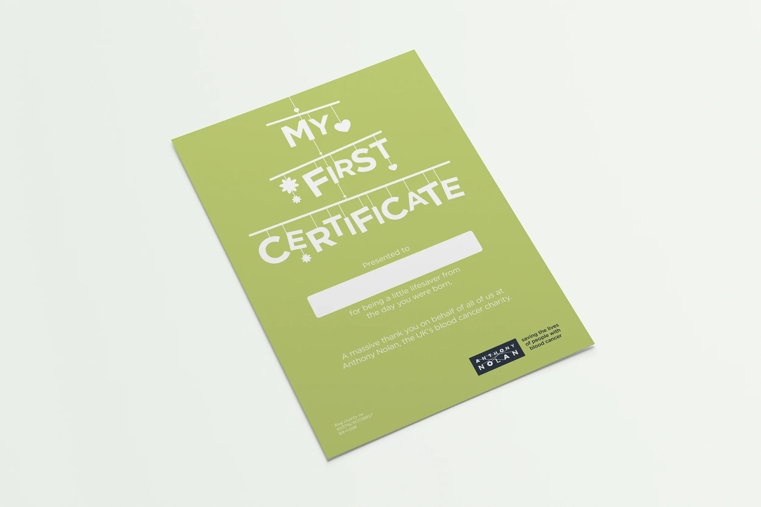 Green "My first certificate" for babies whose cord blood was donated