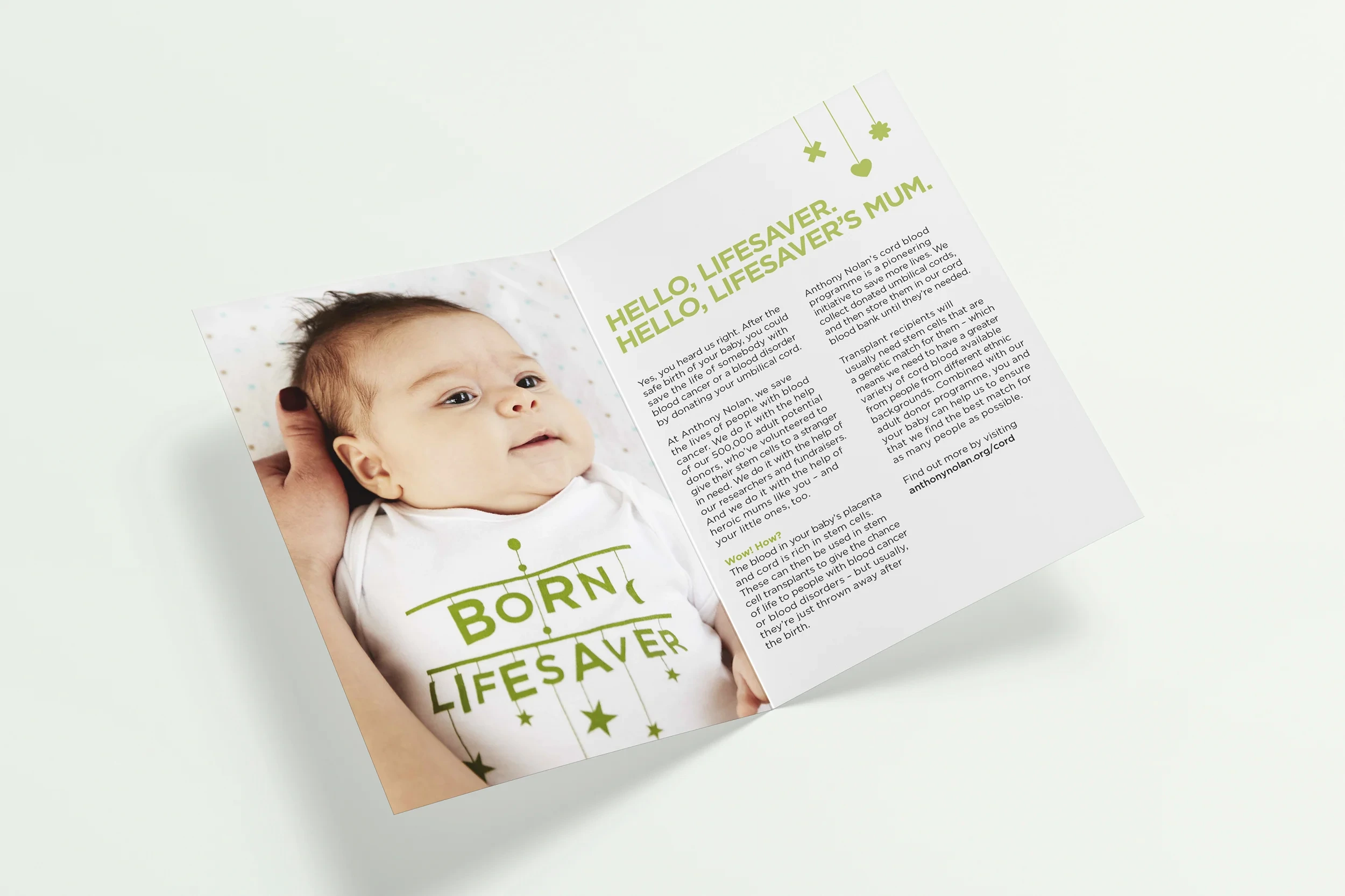 Open cord blood booklet headed "Hello, lifesaver. Hello, lifesaver's mum." with a photo of a baby in a "Born lifesaver" babygrow
