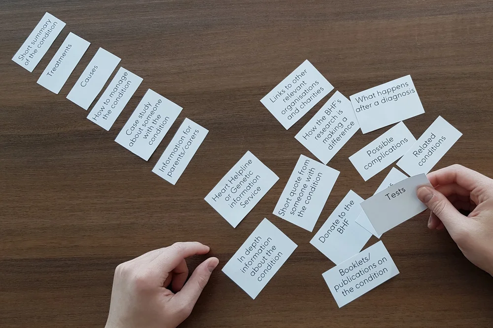 Card sorting exercise: hands arranging cards with health condition content topics on a table
