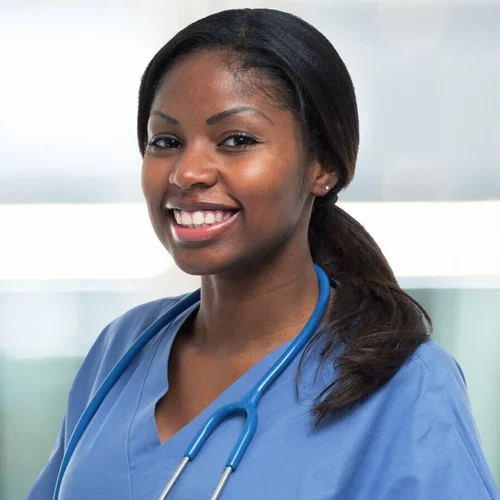 Persona photo: a smiling nurse in blue scrubs with a stethoscope, representing a healthcare professional
