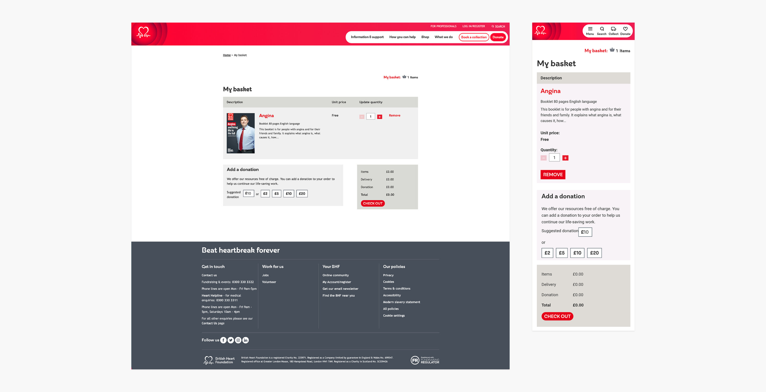 BHF basket page on desktop and mobile, with an option to add a donation