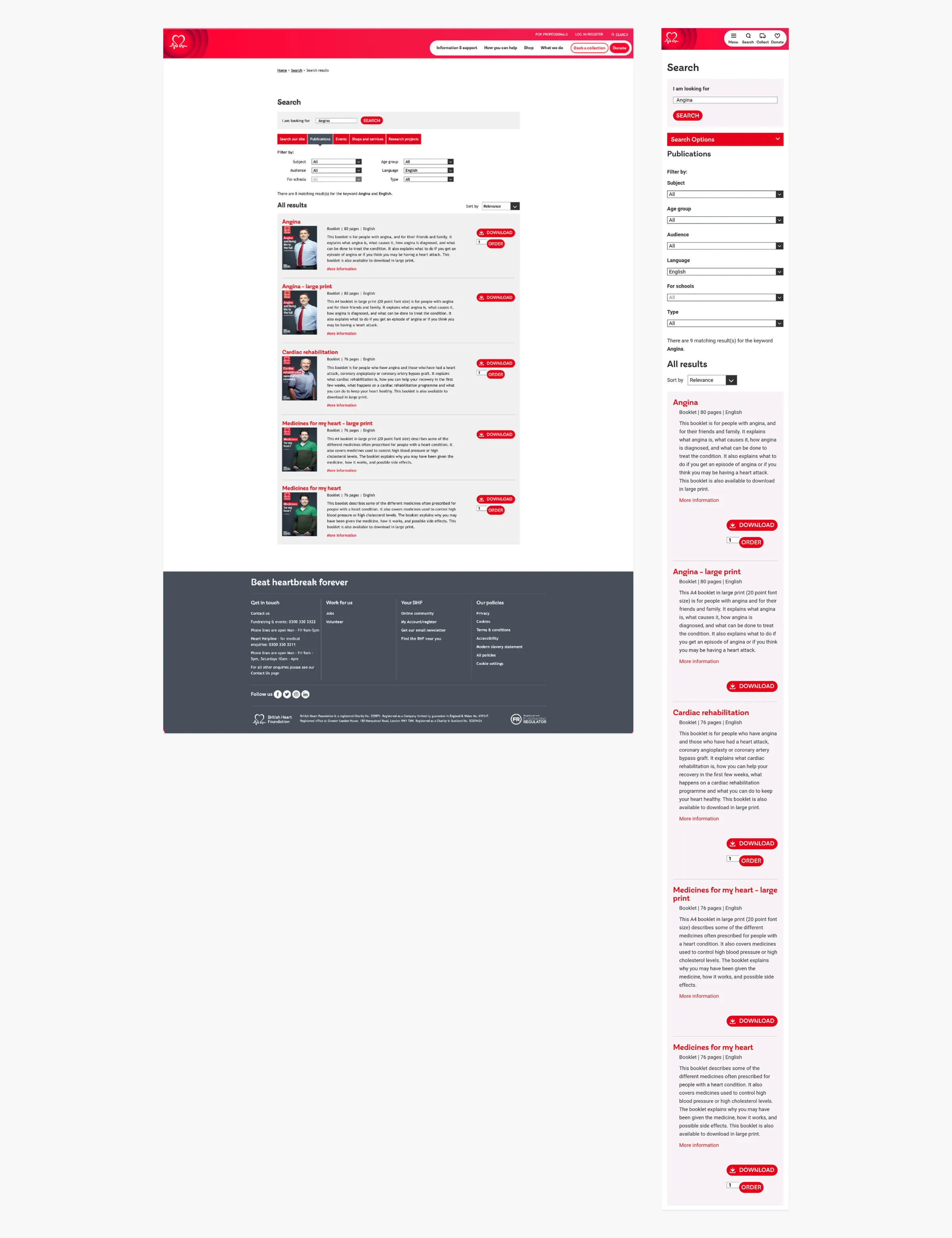 Redesigned BHF search results page on desktop and mobile, with filters and publication thumbnails