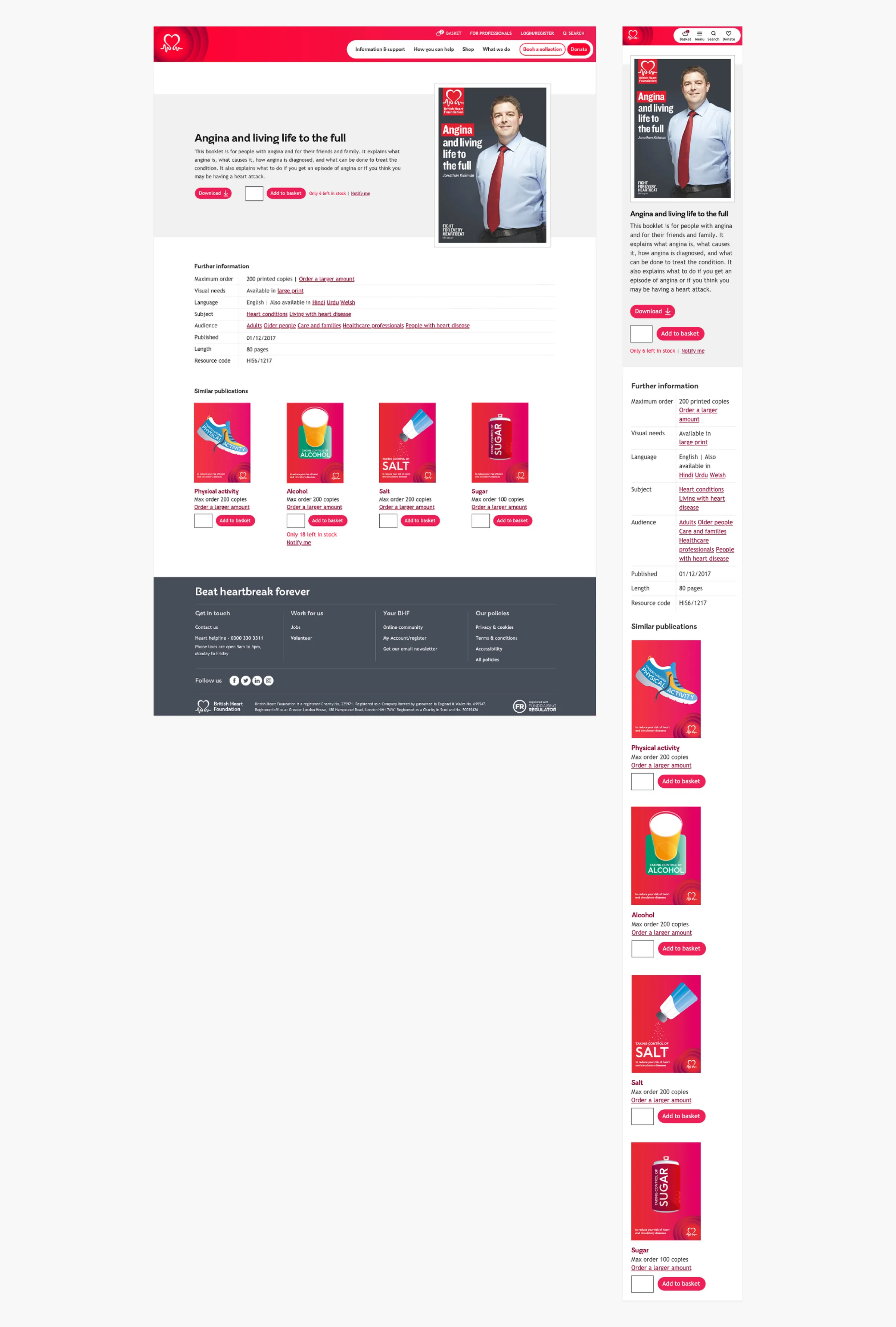 BHF publication page UI design on desktop and mobile, with further information and similar publications