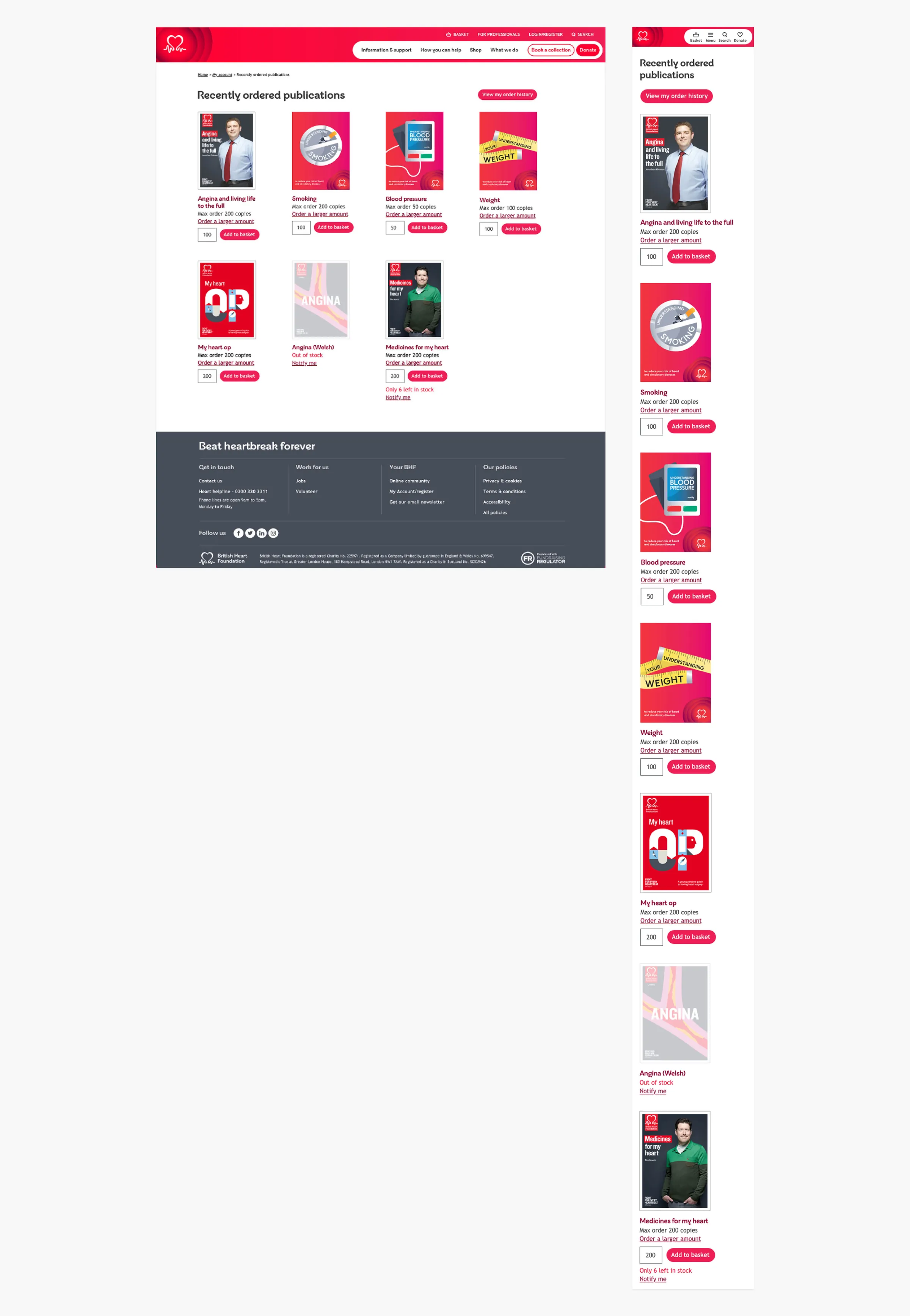 Recently ordered publications page on desktop and mobile, with add to basket buttons