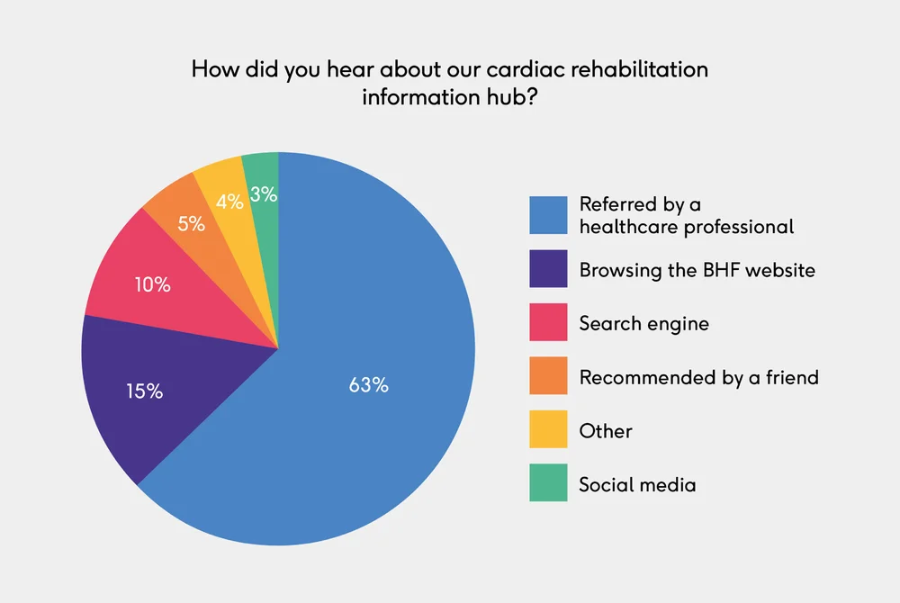 Pie chart: how did you hear about the hub? Referred by a healthcare professional 63%, browsing the BHF website 15%, search engine 10%, recommended by a friend 5%, other 4%, social media 3%