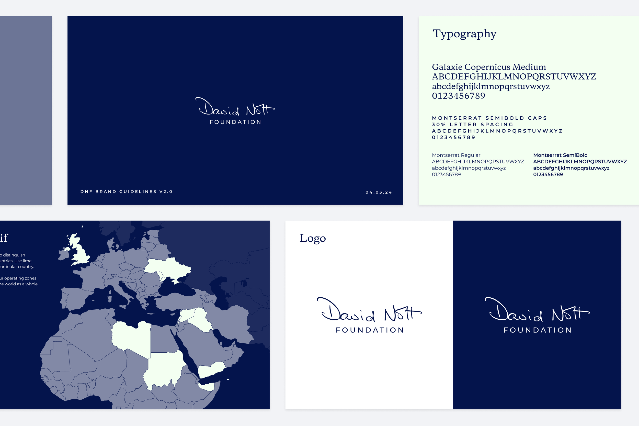 Pages from the David Nott Foundation brand toolkit, including the cover, typography, map and logo pages