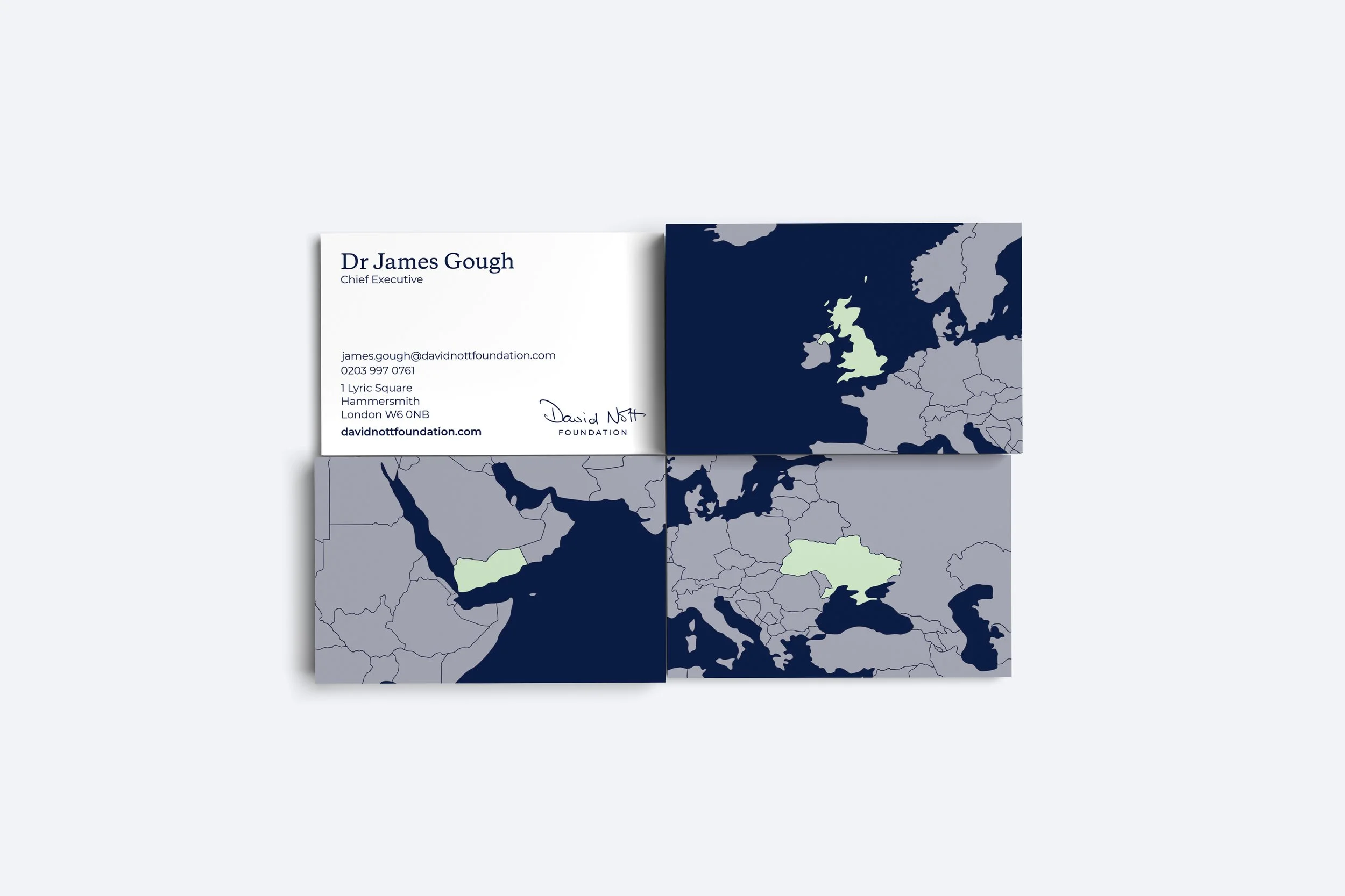 David Nott Foundation business cards: the front with contact details, and map backs highlighting the UK, Yemen and Ukraine