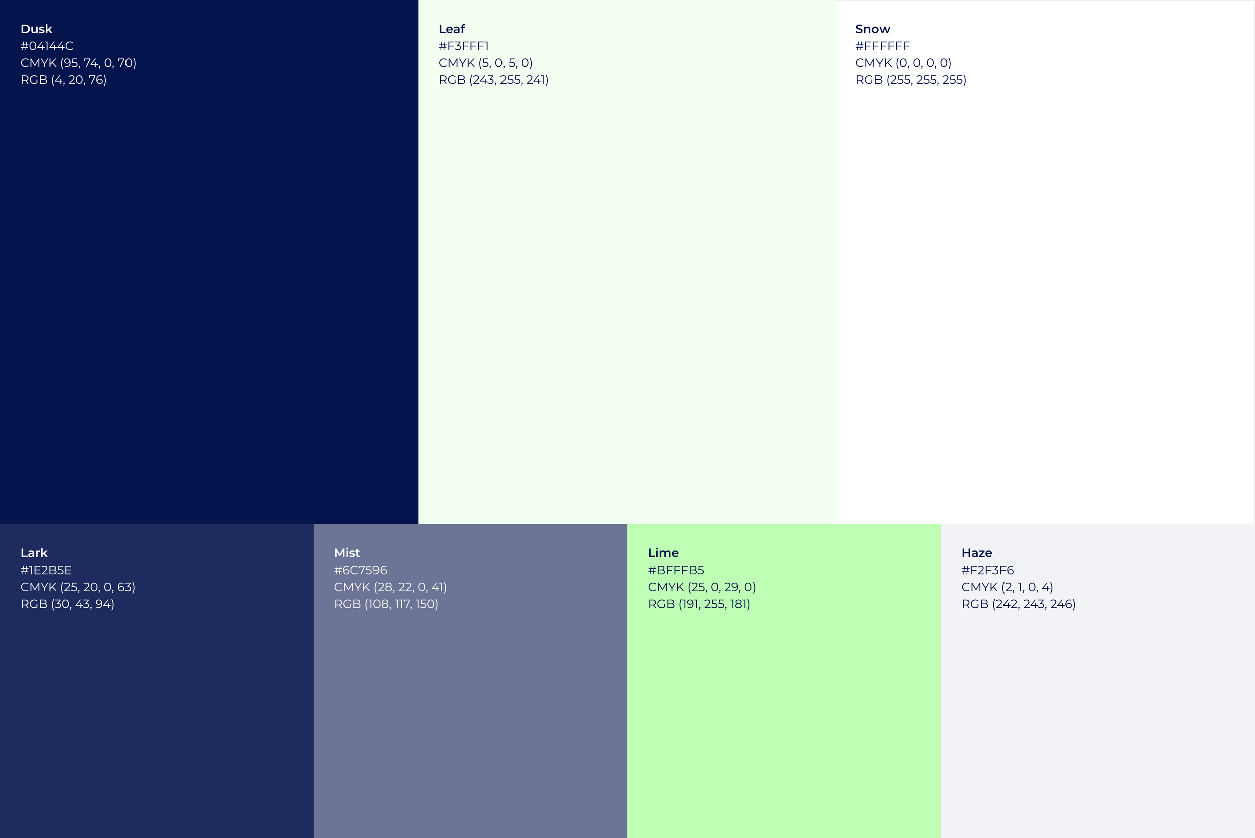 Colour palette: Dusk navy, Leaf pale green, Snow white, Lark, Mist, Lime and Haze, with colour values