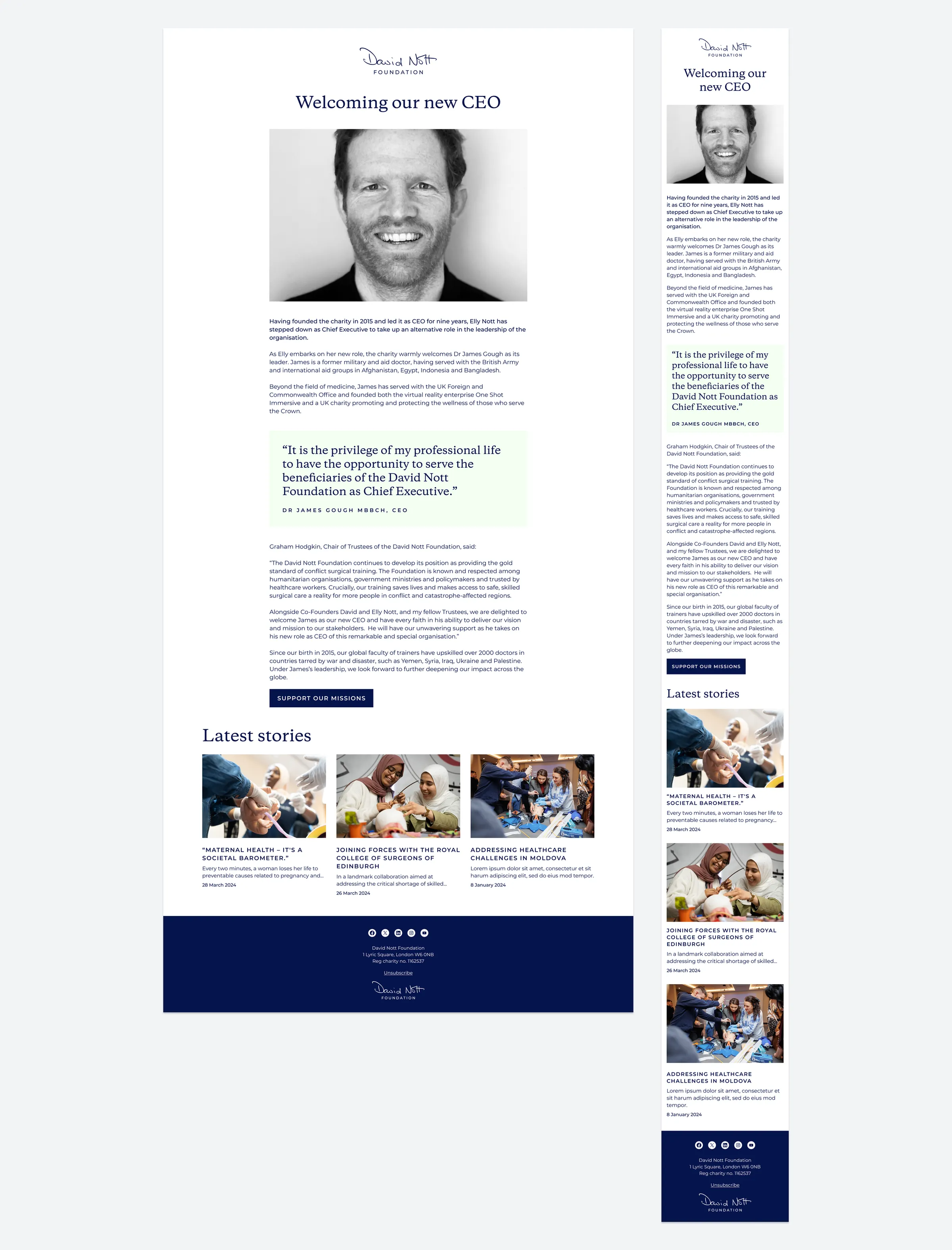 Email template on desktop and mobile: &lsquo;Welcoming our new CEO&rsquo;, with a portrait and latest stories