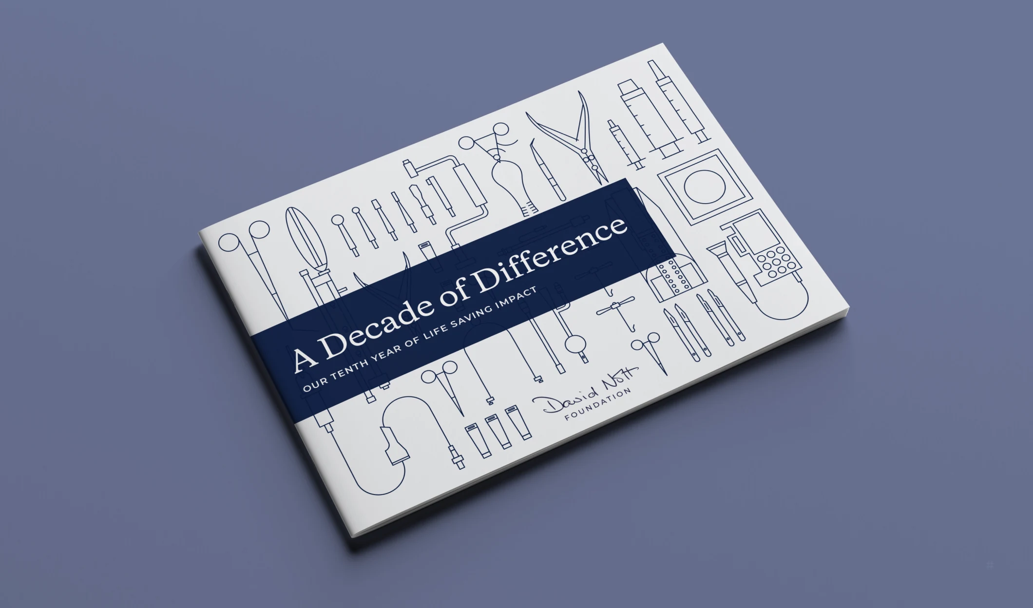 &lsquo;A decade of difference: our tenth year of life-saving impact&rsquo; report, with line drawings of surgical instruments, on a dark blue background