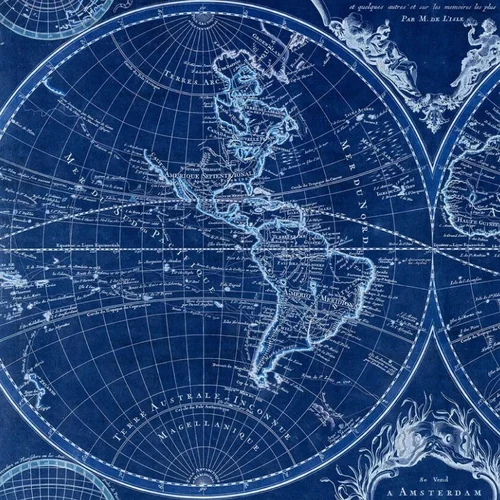 A vintage navy and white map of the world