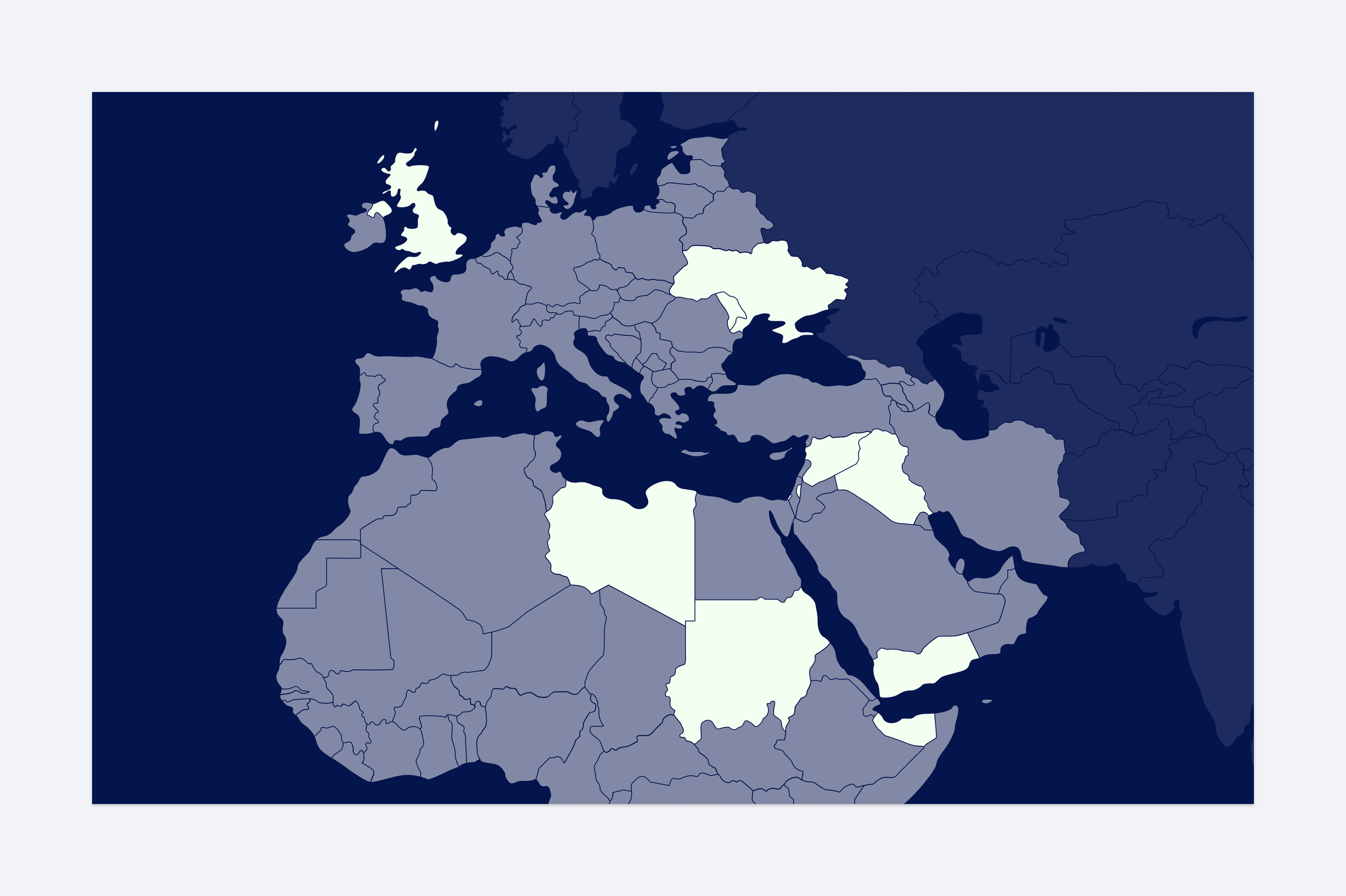 Map motif: a navy map of Europe, Africa and the Middle East with the countries the Foundation works in highlighted in white
