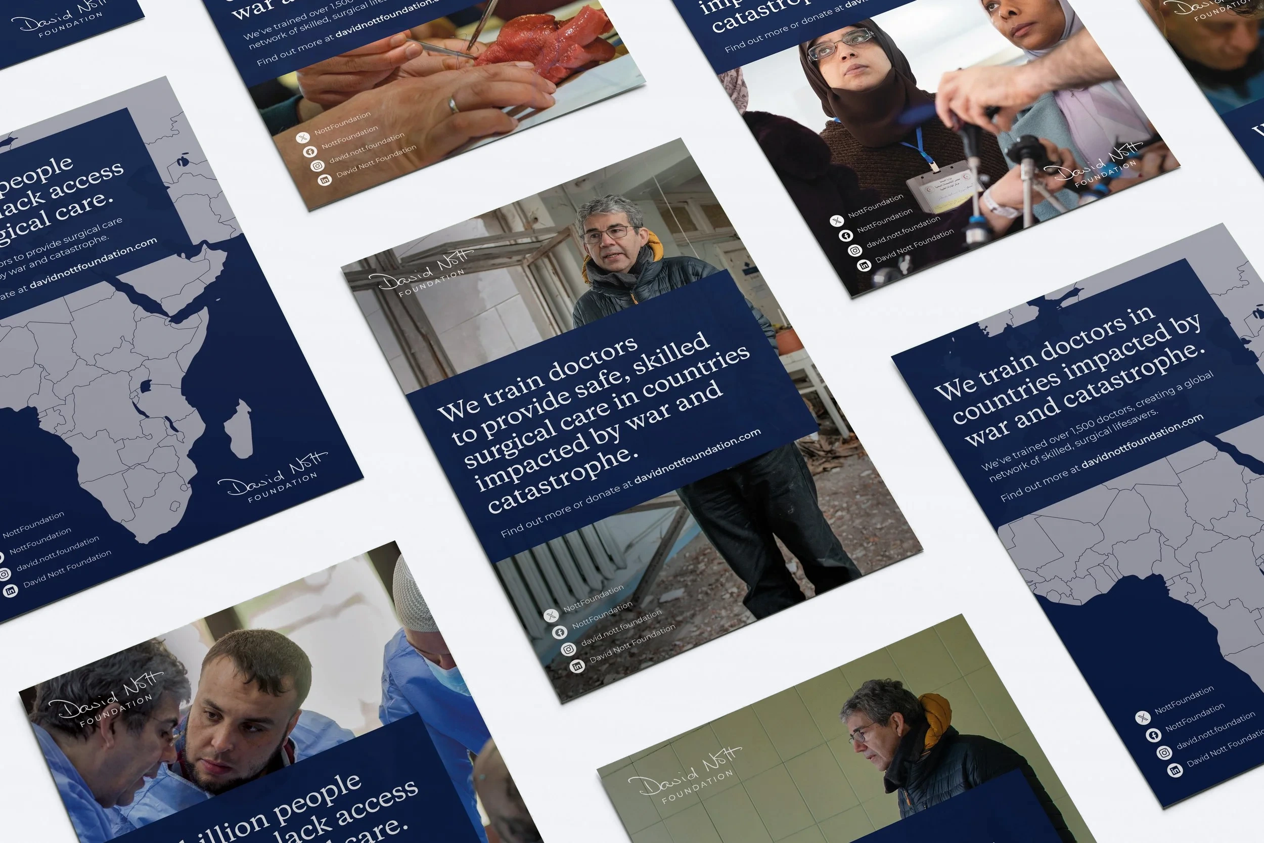 David Nott Foundation posters in navy and grey, with map outlines and photos of surgical training, headed &lsquo;We train doctors to provide safe, skilled surgical care in countries impacted by war and catastrophe&rsquo;