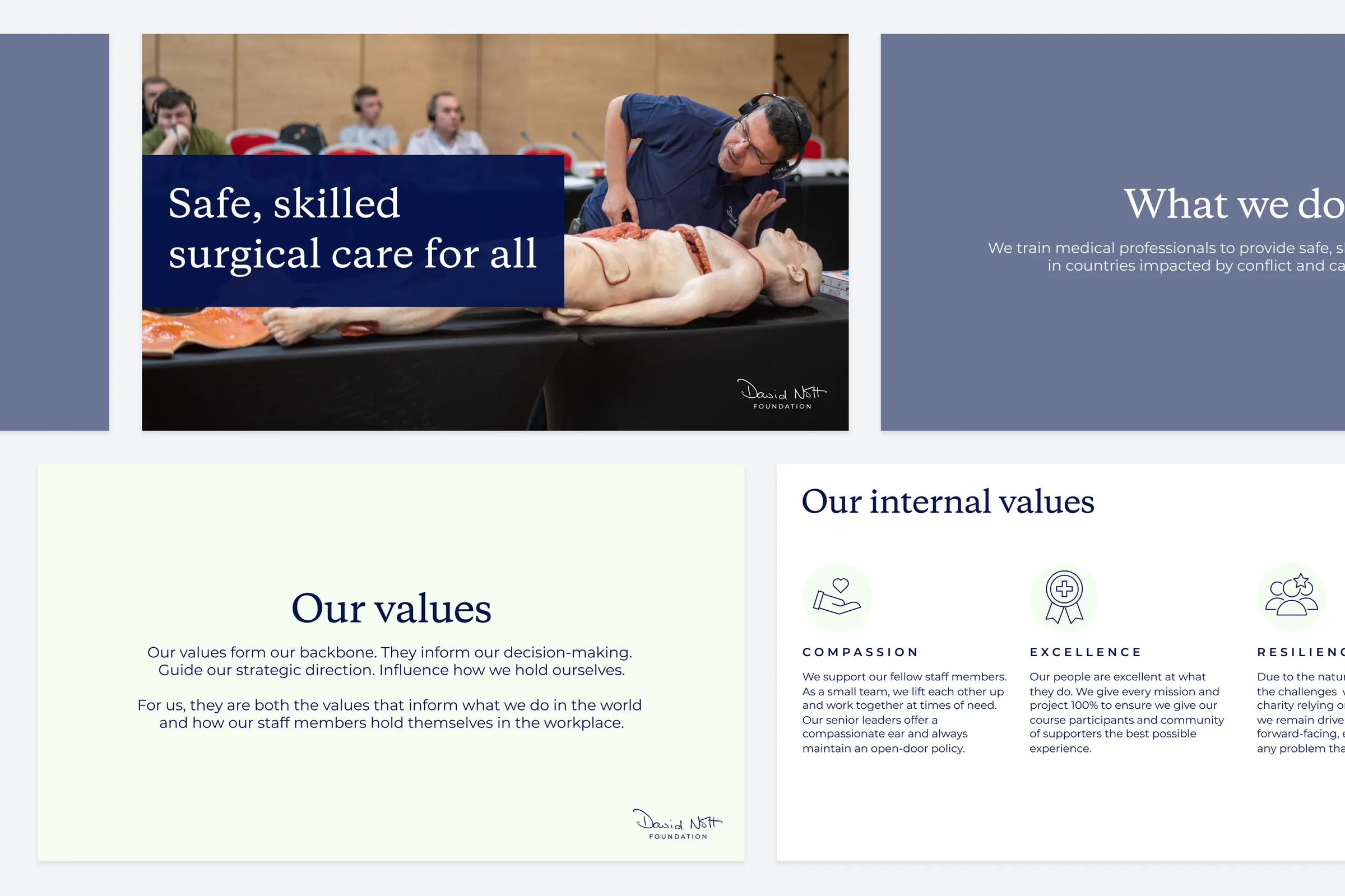 Slide deck pages: &lsquo;Safe, skilled surgical care for all&rsquo;, &lsquo;What we do&rsquo;, &lsquo;Our values&rsquo; and &lsquo;Our internal values&rsquo;