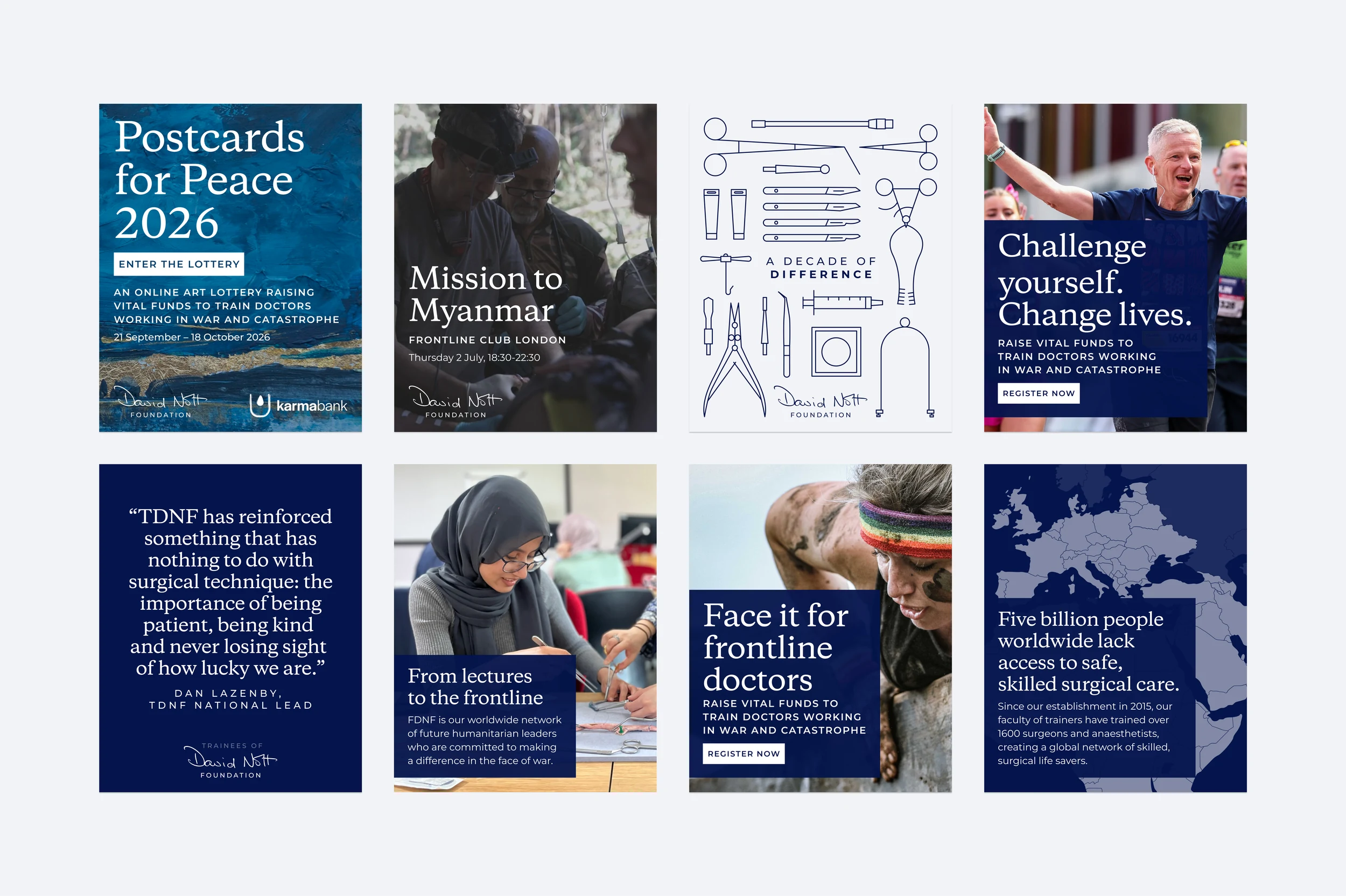 Eight David Nott Foundation social media posts, including &lsquo;Postcards for Peace 2026&rsquo;, &lsquo;Mission to Myanmar&rsquo;, &lsquo;A decade of difference&rsquo; and &lsquo;Face it for frontline doctors&rsquo;