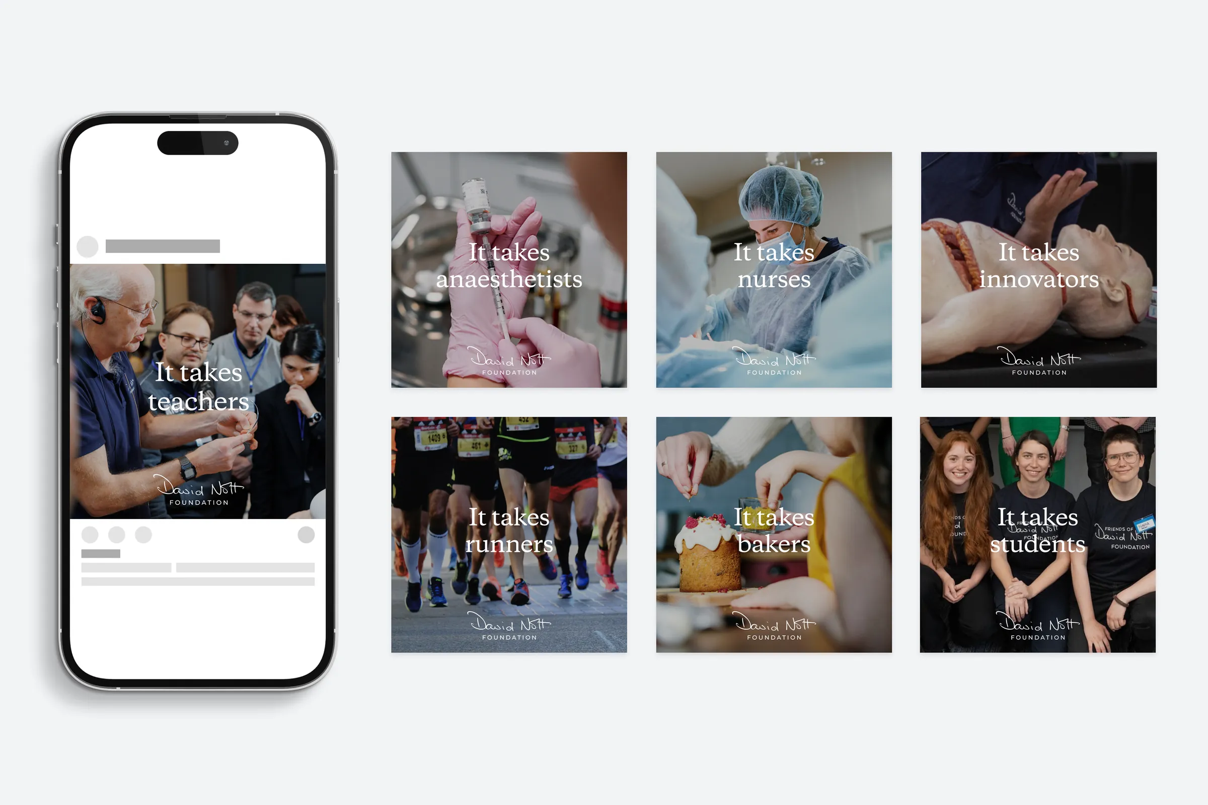 Concept 2 social posts on a phone and as tiles: &lsquo;It takes teachers&rsquo;, &lsquo;anaesthetists&rsquo;, &lsquo;nurses&rsquo;, &lsquo;innovators&rsquo;, &lsquo;runners&rsquo;, &lsquo;bakers&rsquo; and &lsquo;students&rsquo;