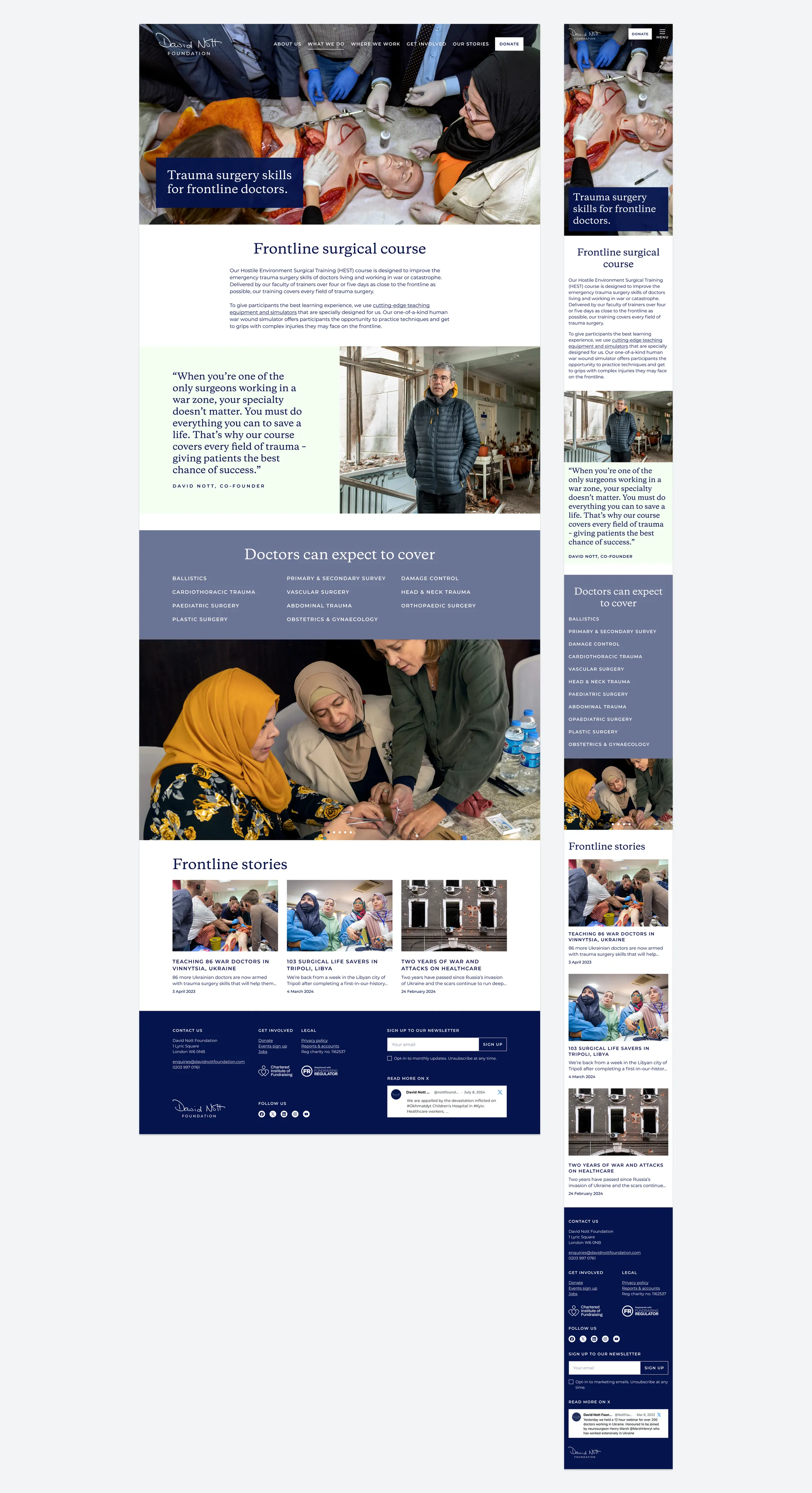 Frontline surgical course page on desktop and mobile, with course details, a quote and frontline stories