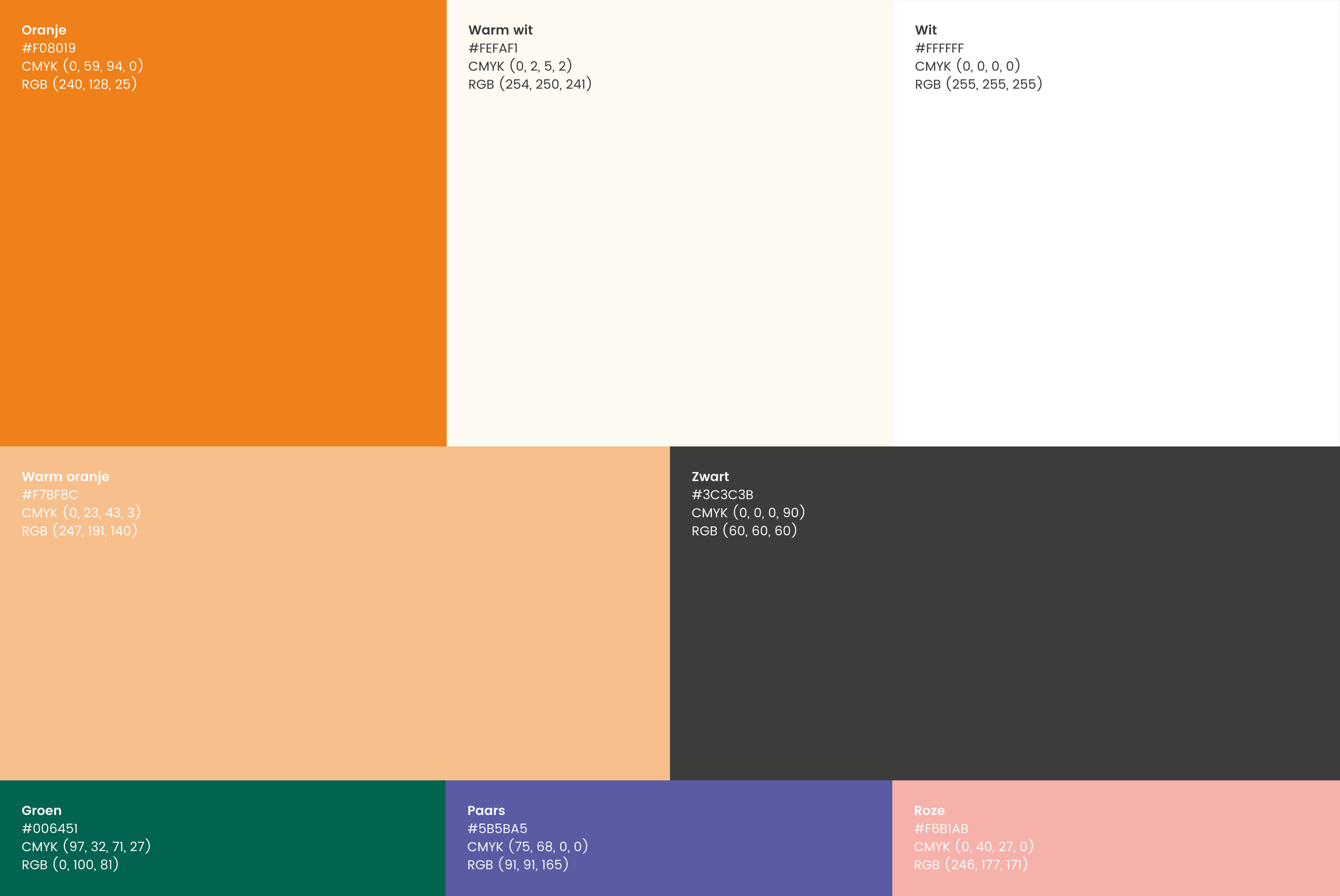 Howto Group colour palette: Oranje #F08019, Warm wit #FEFAF1, Wit #FFFFFF, Warm oranje #F7BF8C, Zwart #3C3C3B, Groen #006451, Paars #5B5BA5 and Roze #F6B1AB, with CMYK and RGB values