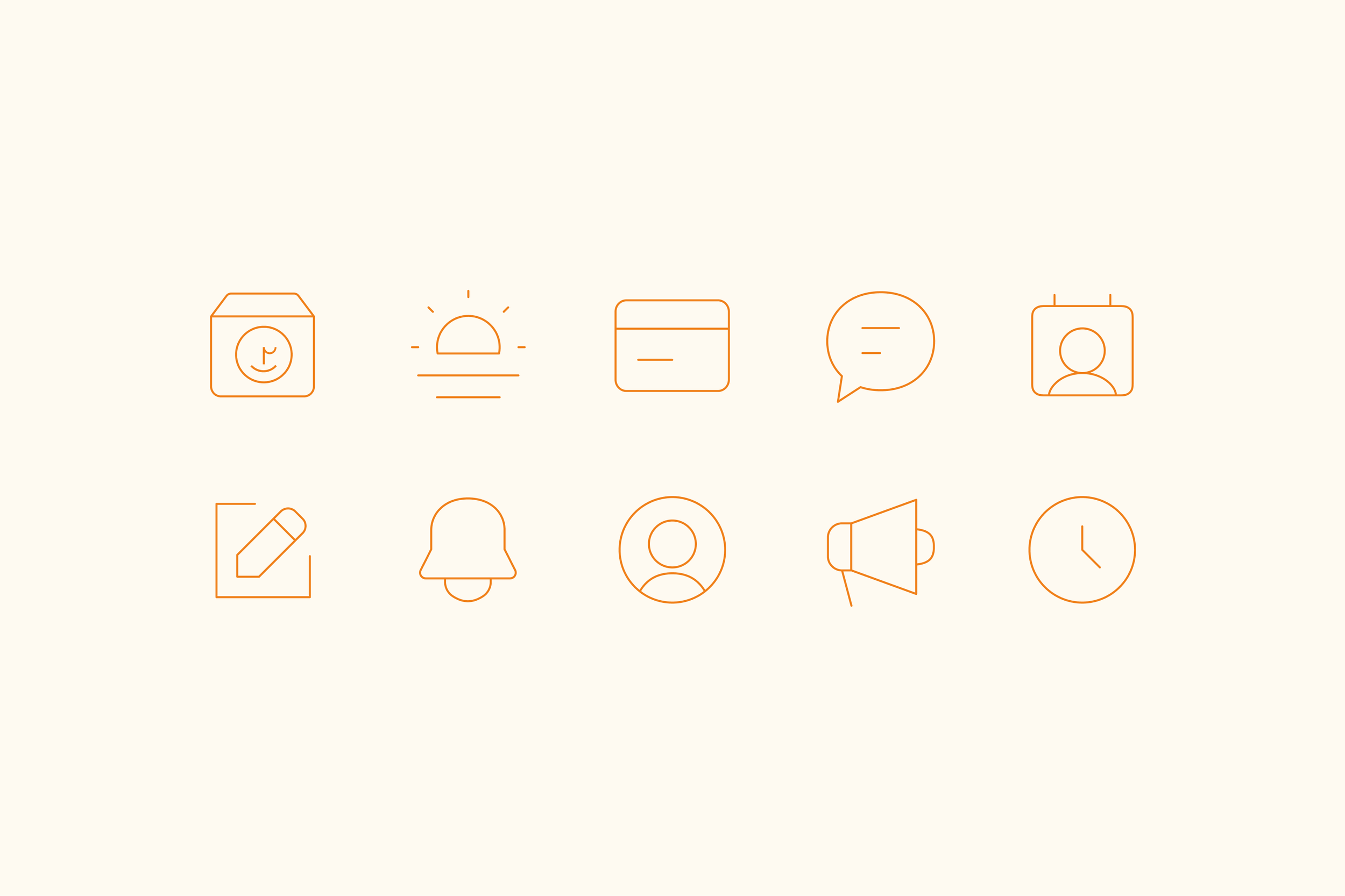 Icon set 1: ten orange line icons, including a play box, sunrise, payment card, speech bubble, calendar, edit, notification bell, profile, megaphone and clock
