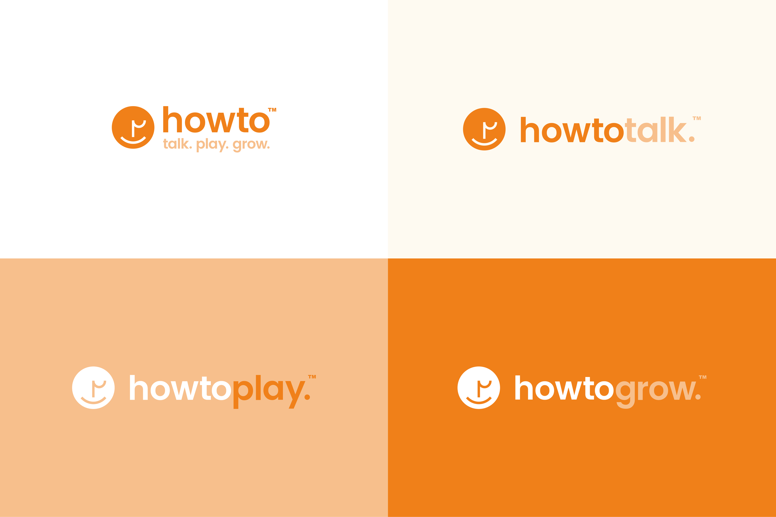 Howto Group logo suite: the Howto master logo with the strapline talk. play. grow., and the Howtotalk, Howtoplay and Howtogrow sub-brand logos on white, warm white, warm orange and orange
