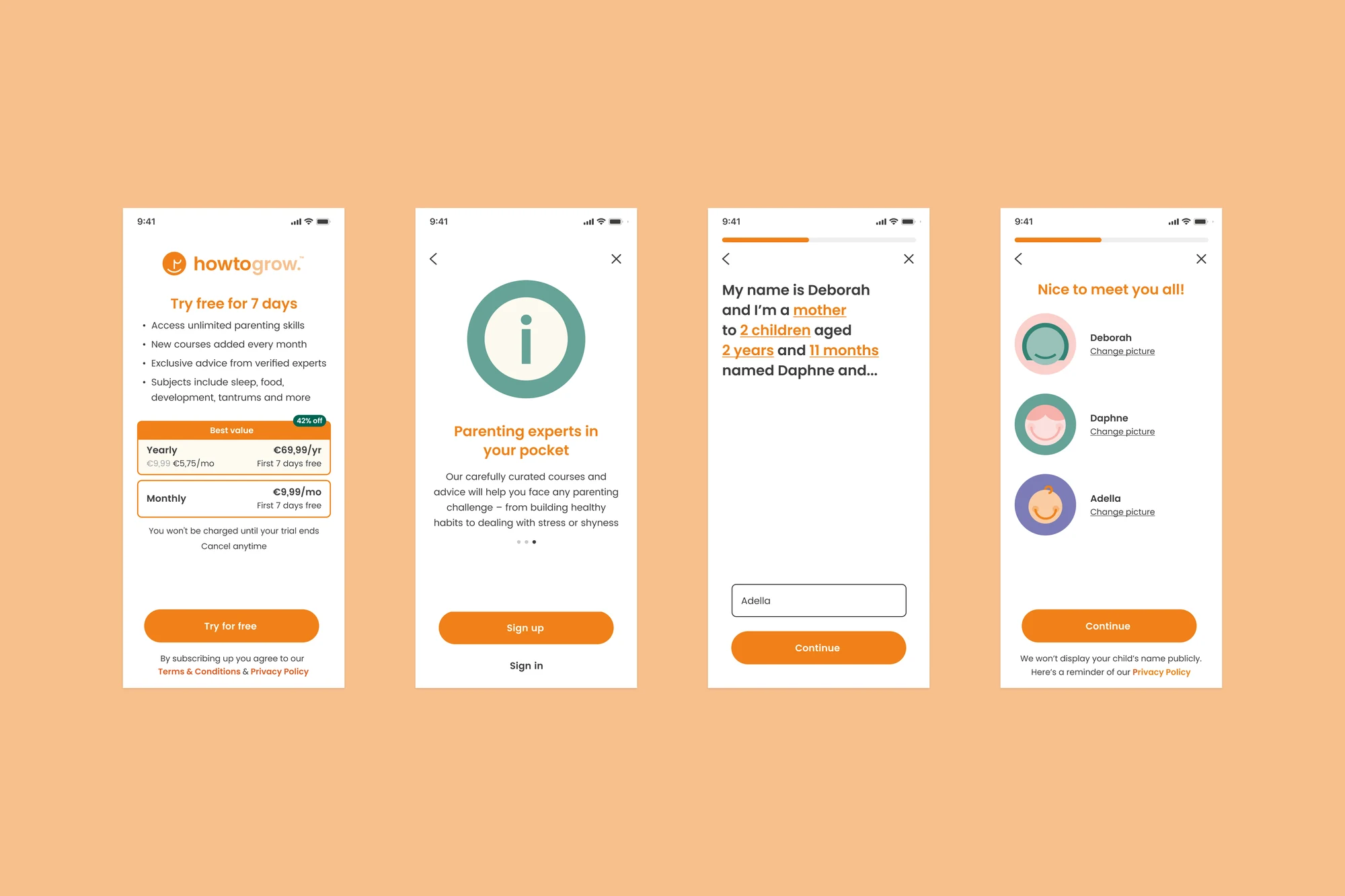 Howtogrow onboarding screens: free trial offer, welcome screen, family details and child avatars