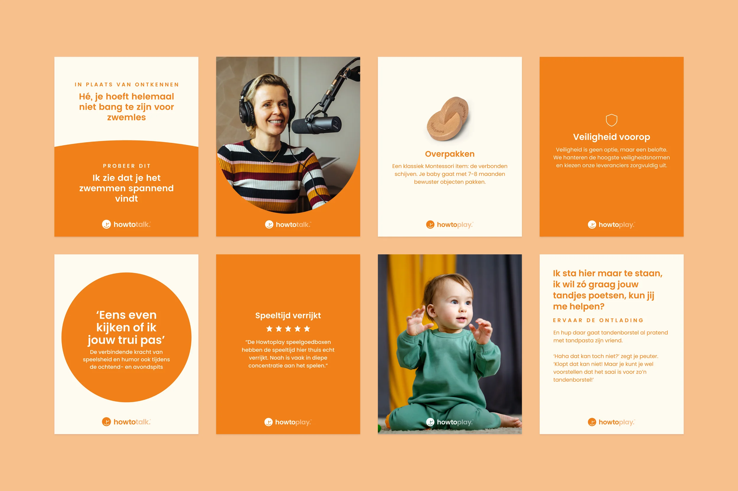 Eight Howtotalk and Howtoplay Instagram posts in orange and warm white, mixing parenting tips, product features, a customer review and photography