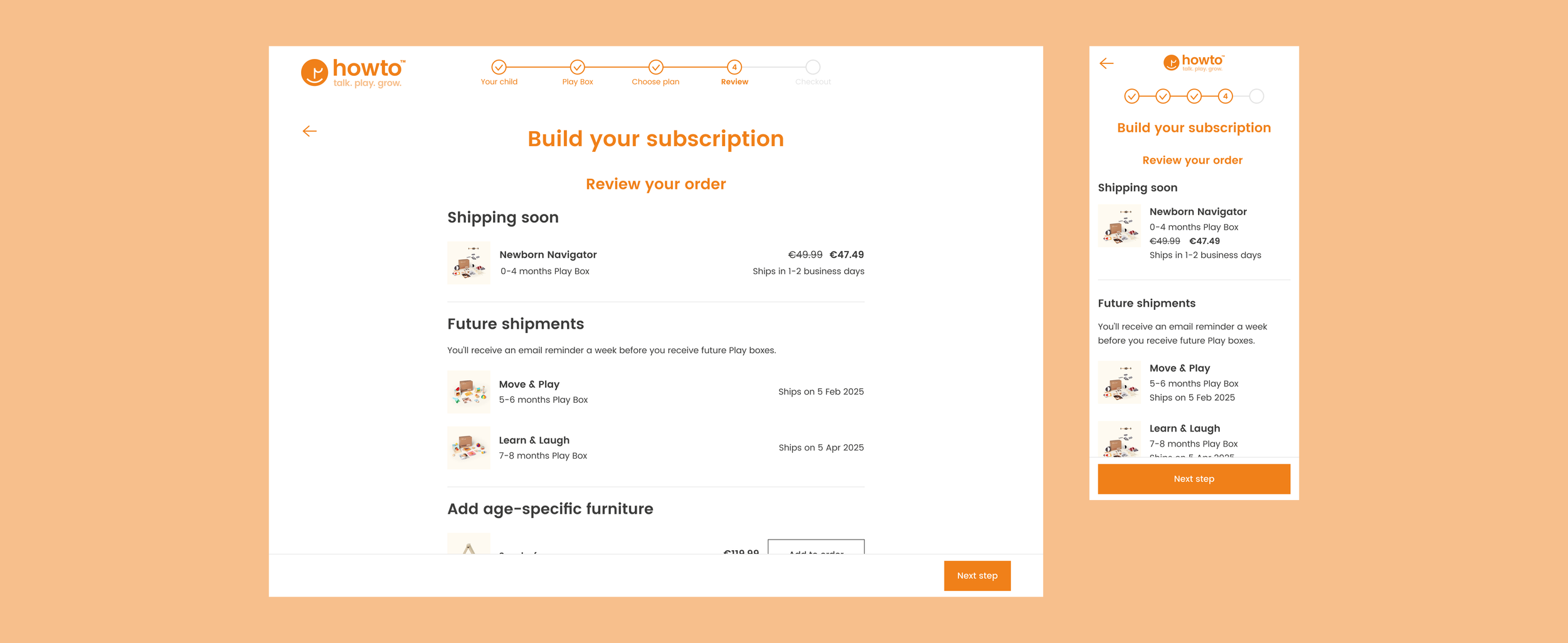 Play Box subscription checkout on desktop and mobile: a five-step progress bar and the review step, listing the box shipping soon and future shipments