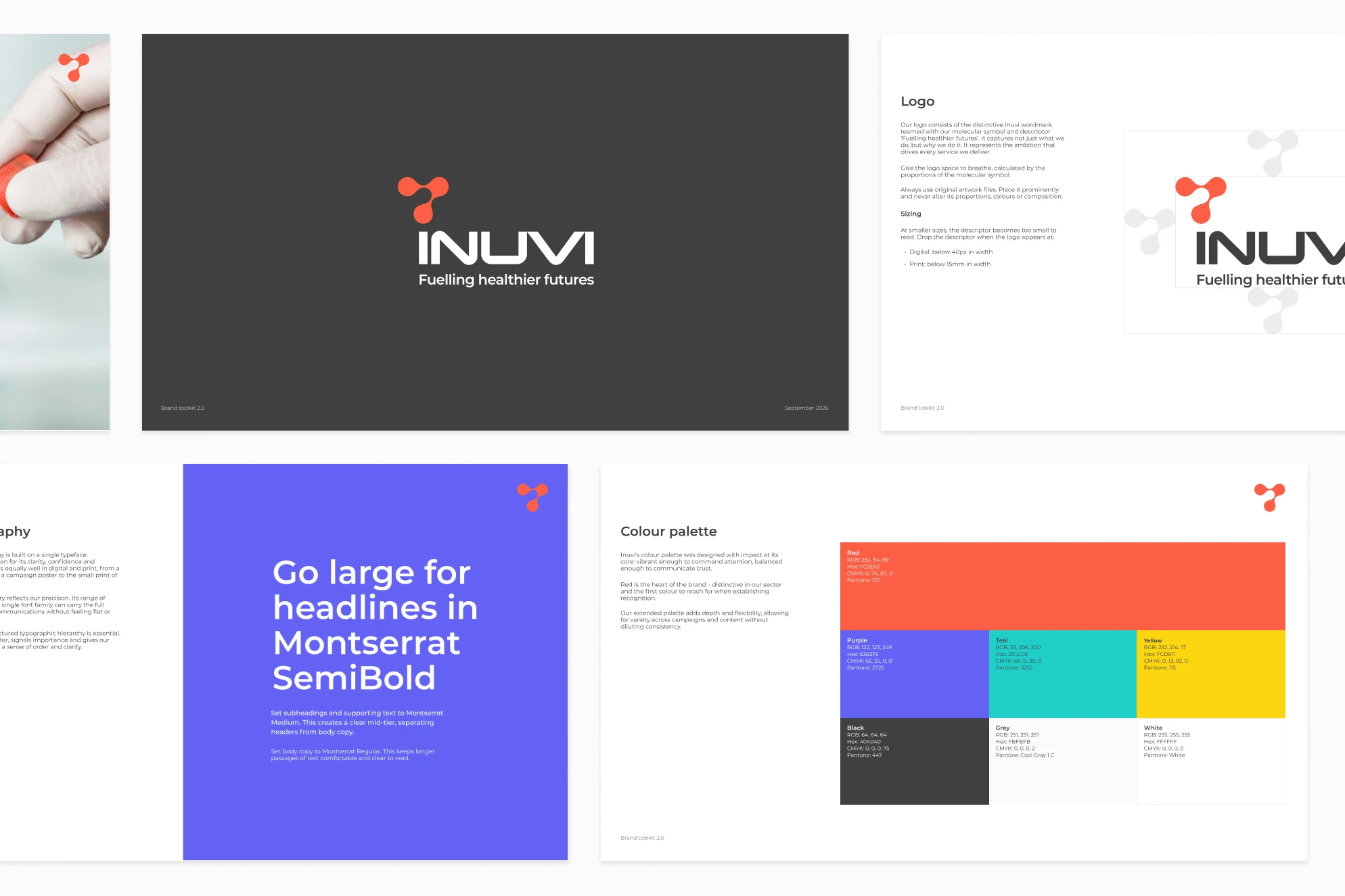 Pages from the Inuvi brand toolkit, including the cover, logo, typography and colour palette spreads