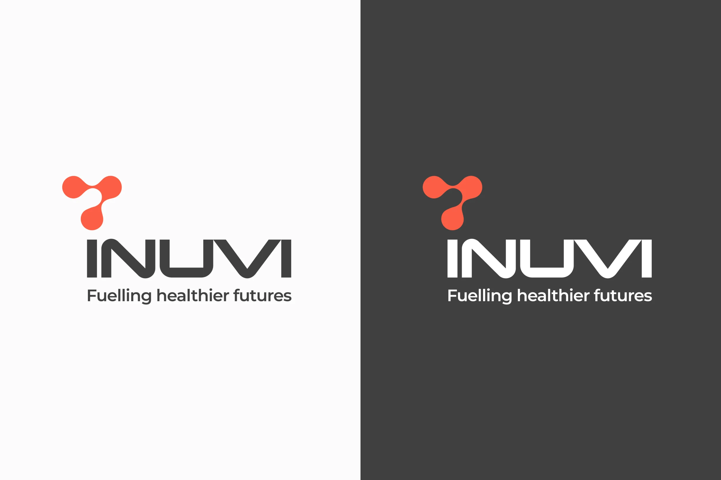The Inuvi logo &ndash; red molecular symbol, INUVI wordmark and &lsquo;Fuelling healthier futures&rsquo; &ndash; on light grey and on dark grey