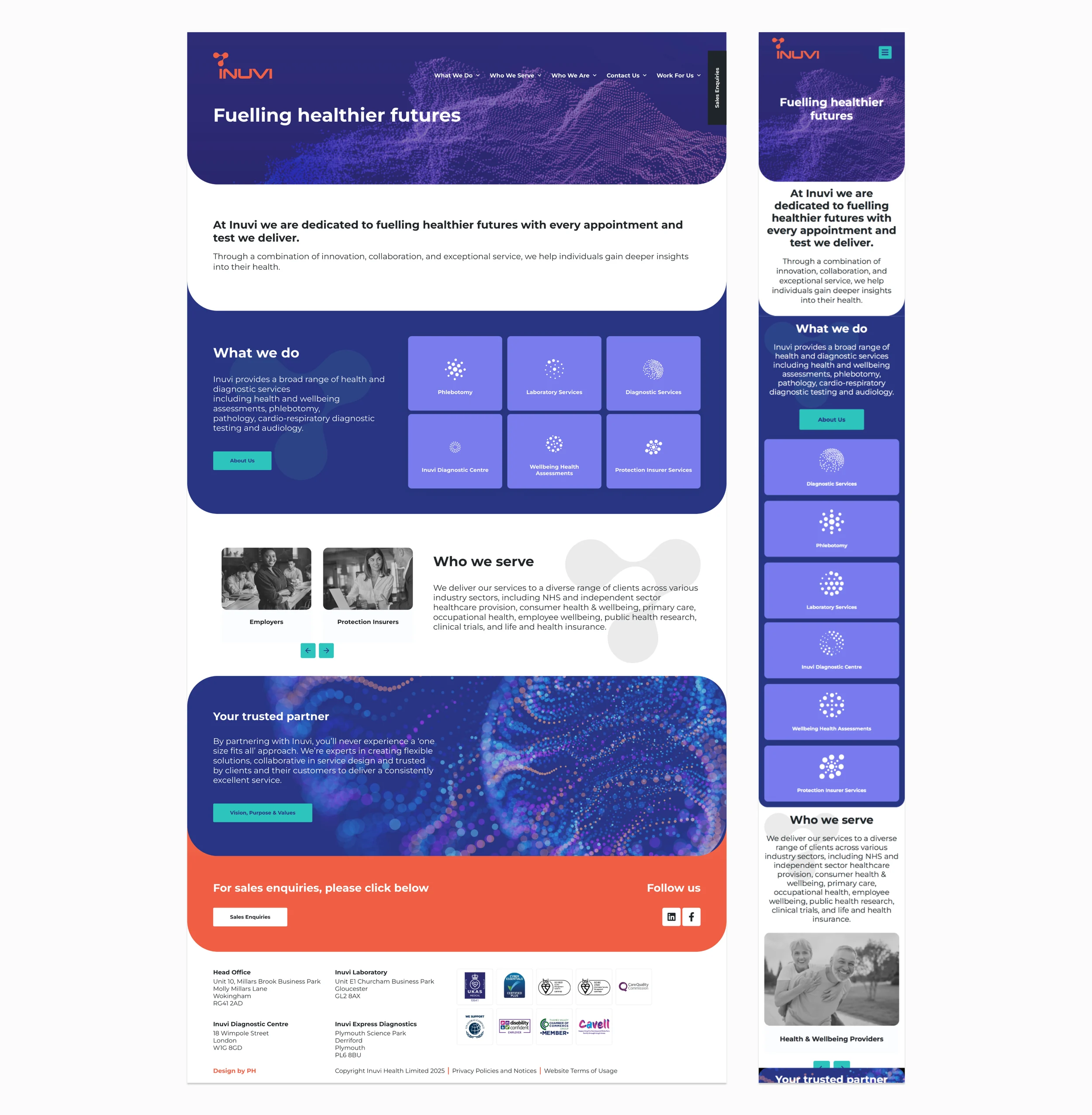 Inuvi&rsquo;s previous homepage on desktop and mobile, with a purple particle header, a grid of purple service tiles, a &lsquo;Who we serve&rsquo; carousel and an orange sales enquiries banner