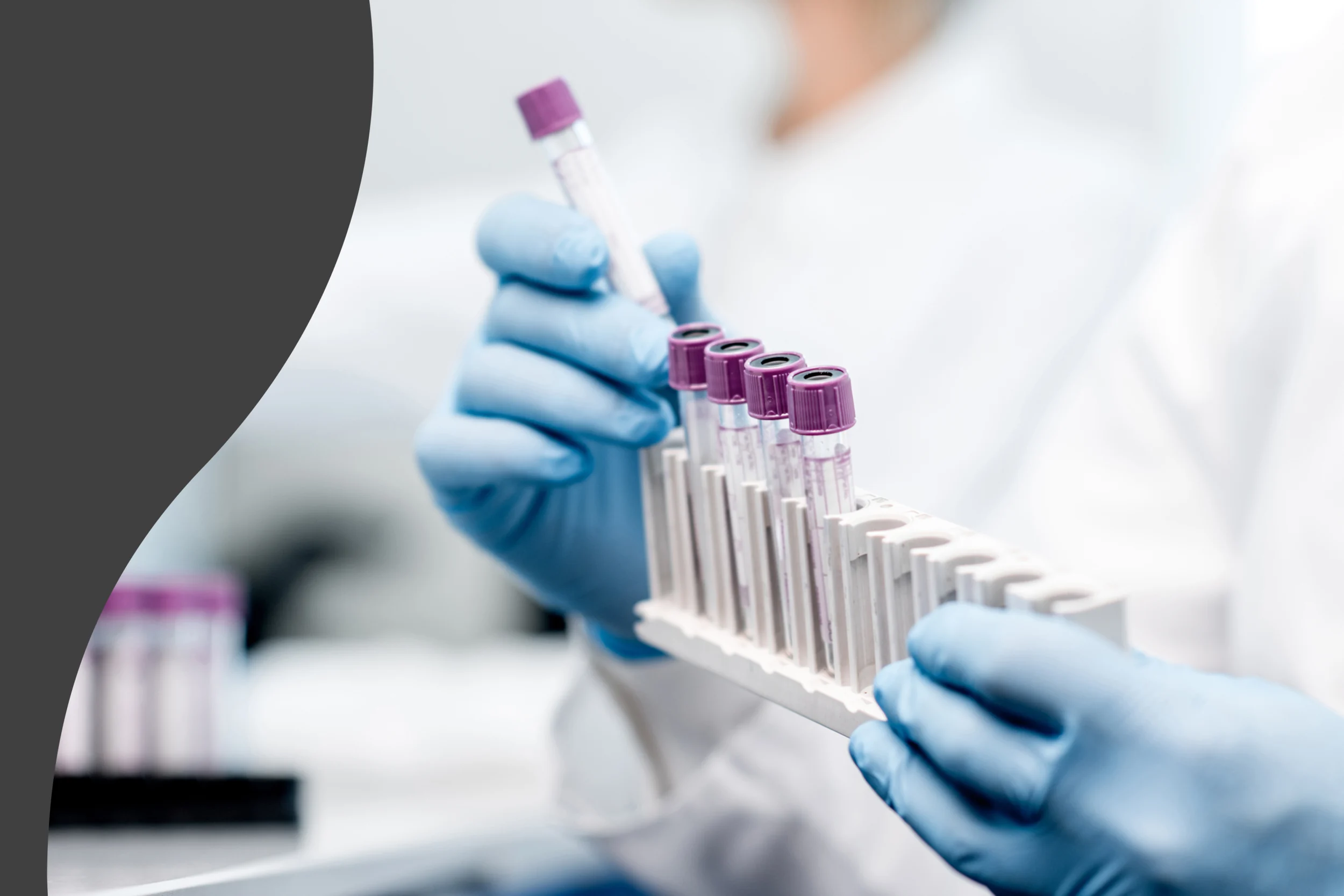 Photographic style: gloved hands holding a rack of blood sample tubes, framed by the molecular shape on dark grey