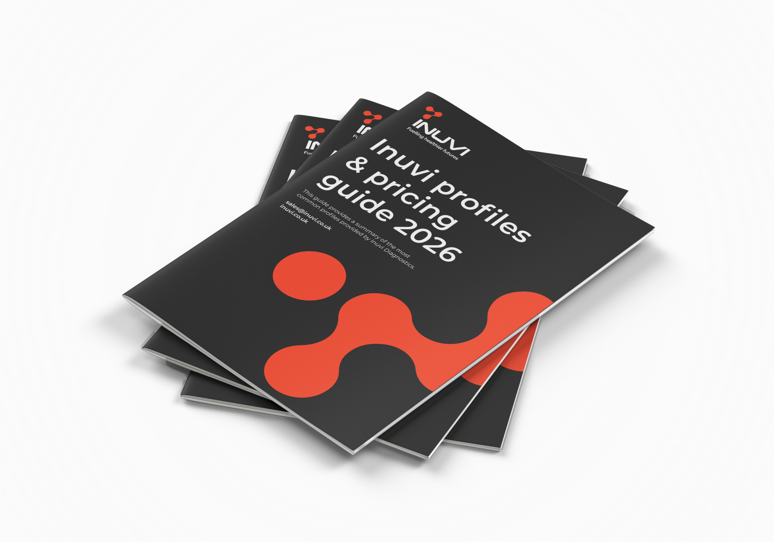 A stack of Inuvi profiles & pricing guide 2026 brochures: white headline on dark grey with a large red molecular symbol