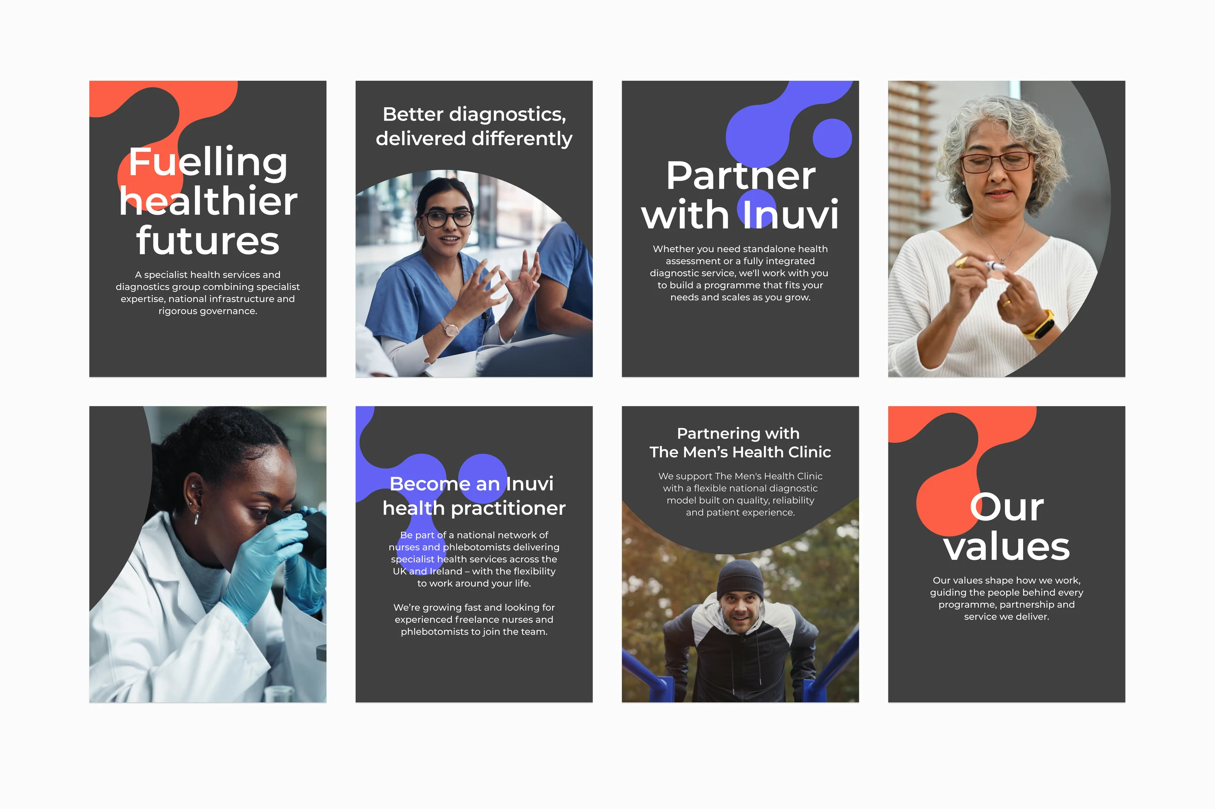 Eight Inuvi social media posts, including &lsquo;Fuelling healthier futures&rsquo;, &lsquo;Partner with Inuvi&rsquo;, &lsquo;Become an Inuvi health practitioner&rsquo;, &lsquo;Partnering with The Men&rsquo;s Health Clinic&rsquo; and &lsquo;Our values&rsquo;
