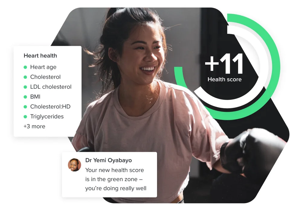 LiveSmart graphic: a woman boxing, with a +11 health score and heart health results