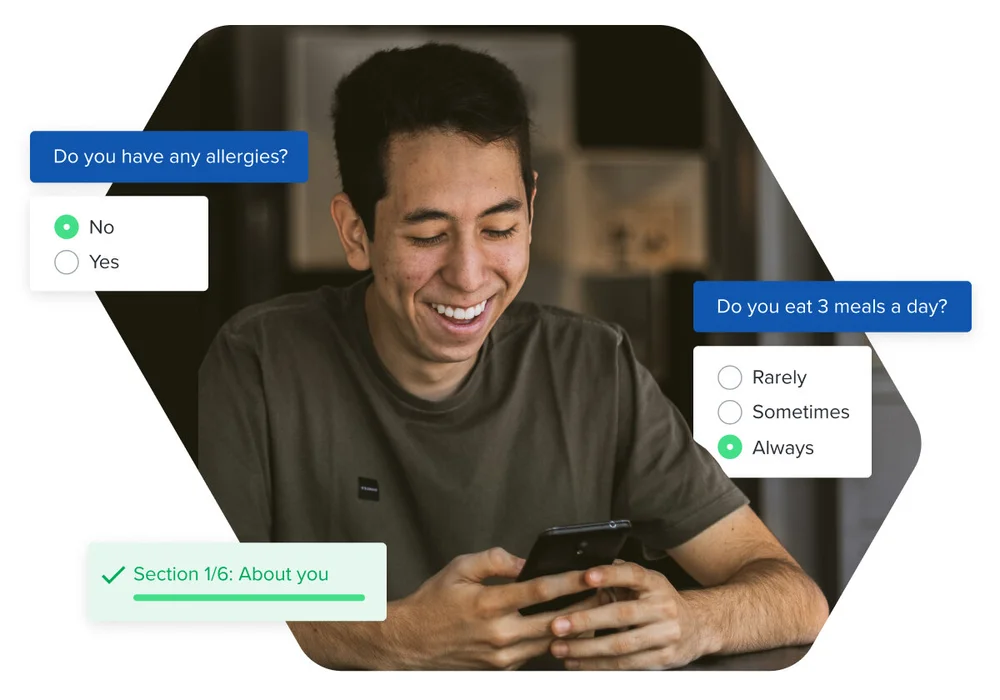 LiveSmart graphic: a man using his phone, with health questionnaire questions