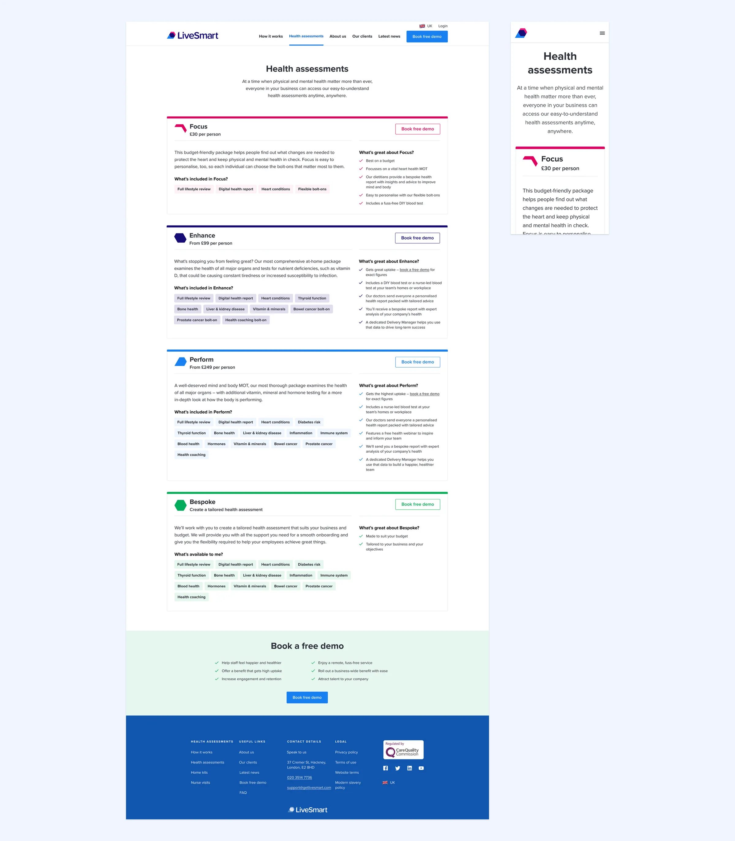 LiveSmart Health assessments page on desktop and mobile, showing the Focus, Enhance, Perform and Bespoke packages