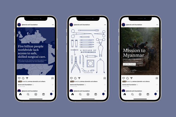 Three David Nott Foundation Instagram posts shown on phones