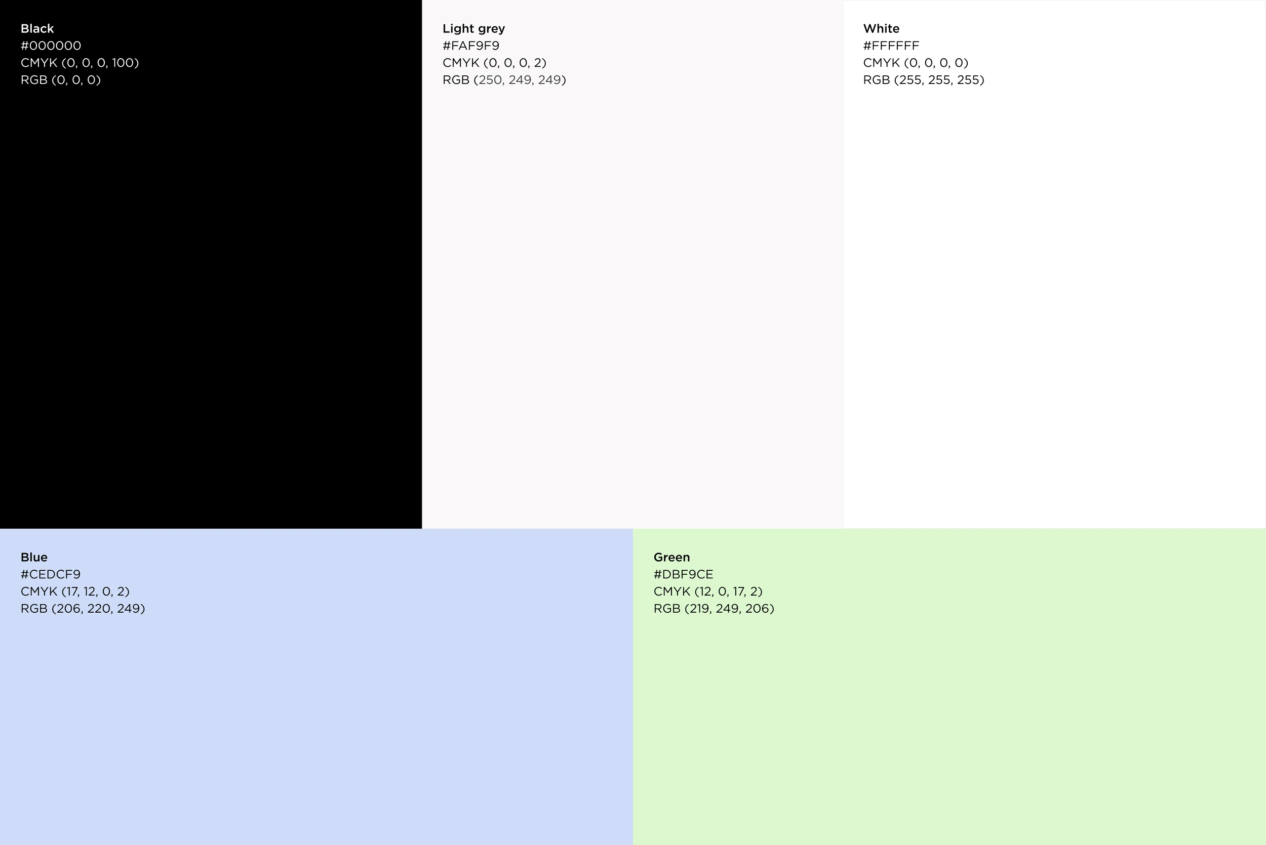 YBA colour palette with hex, CMYK and RGB values: black #000000, light grey #FAF9F9, white #FFFFFF, blue #CEDCF9 and green #DBF9CE