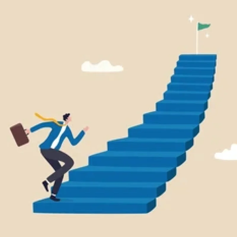 Illustration of a businessman climbing a blue staircase towards a flag