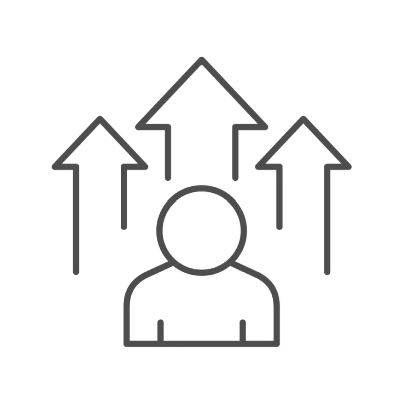 Icon of a person with arrows pointing upwards, suggesting personal growth