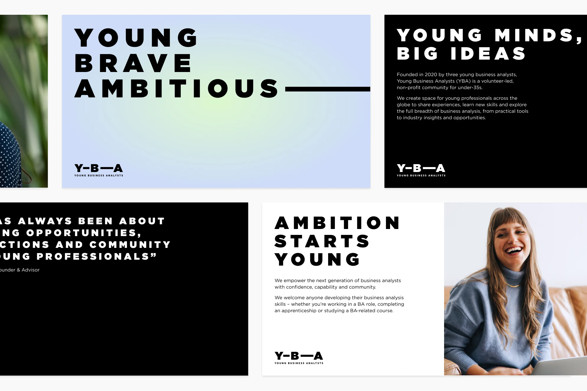 YBA slide deck: a &lsquo;Young, brave, ambitious&rsquo; title slide on the blue and green gradient, a &lsquo;Young minds, big ideas&rsquo; slide on black, a quote slide, and an &lsquo;Ambition starts young&rsquo; slide with a photo
