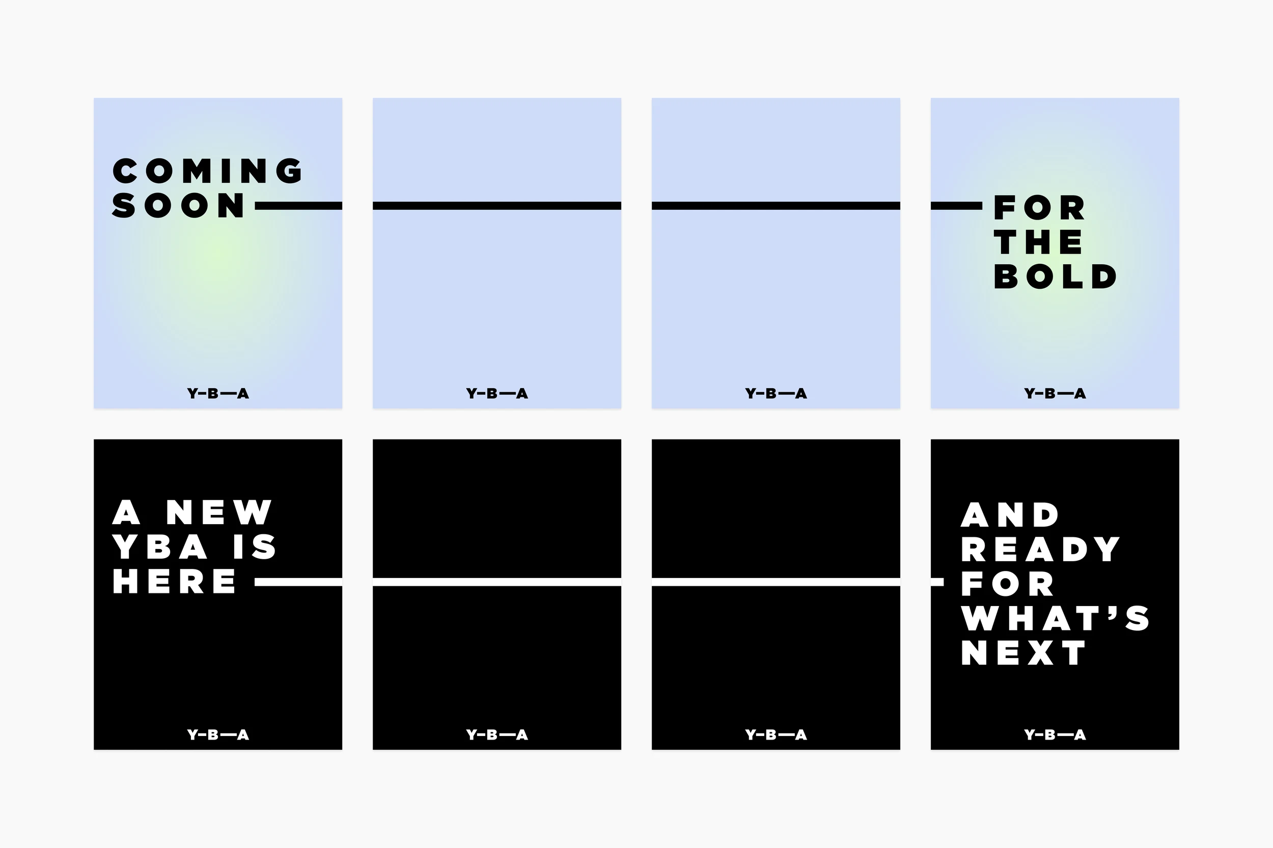Two four-slide Instagram carousels linked by a continuous line: &lsquo;Coming soon for the bold&rsquo; on the blue and green gradient, and &lsquo;A new YBA is here and ready for what&rsquo;s next&rsquo; on black