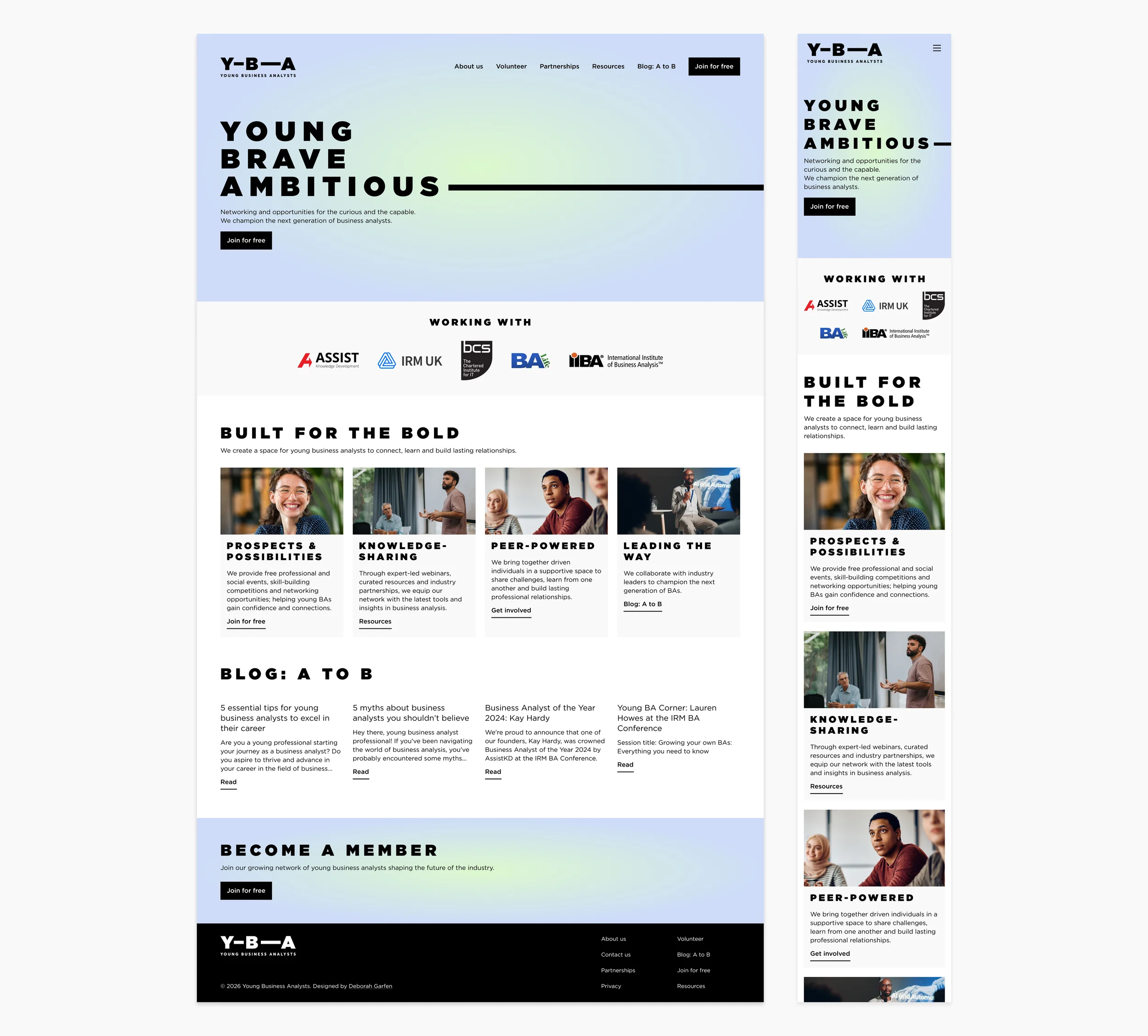 YBA website homepage on desktop and mobile, headed &lsquo;Young, brave, ambitious&rsquo;, with partner logos, member benefits and the blog