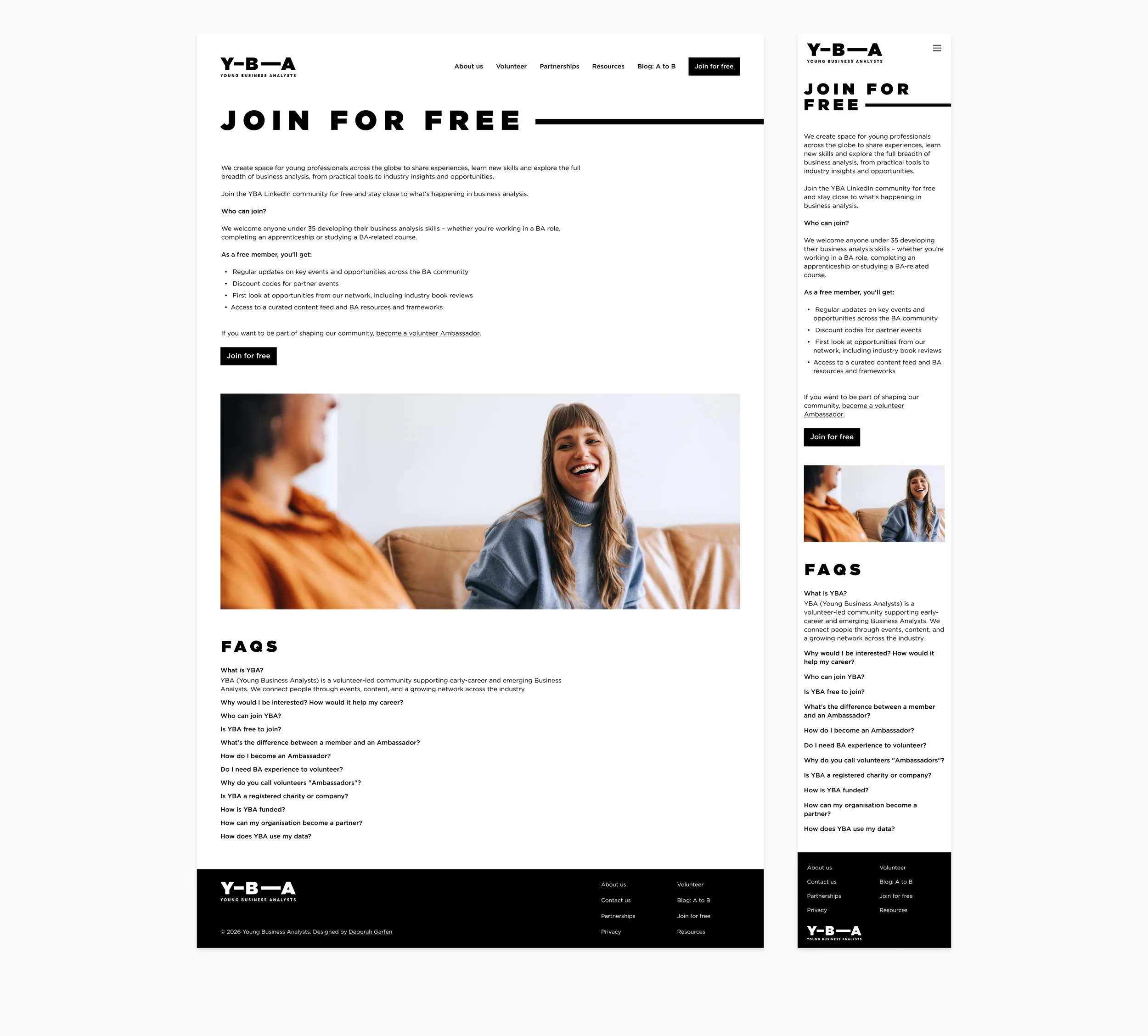 YBA &lsquo;Join for free&rsquo; page on desktop and mobile, with membership details, a photo and FAQs