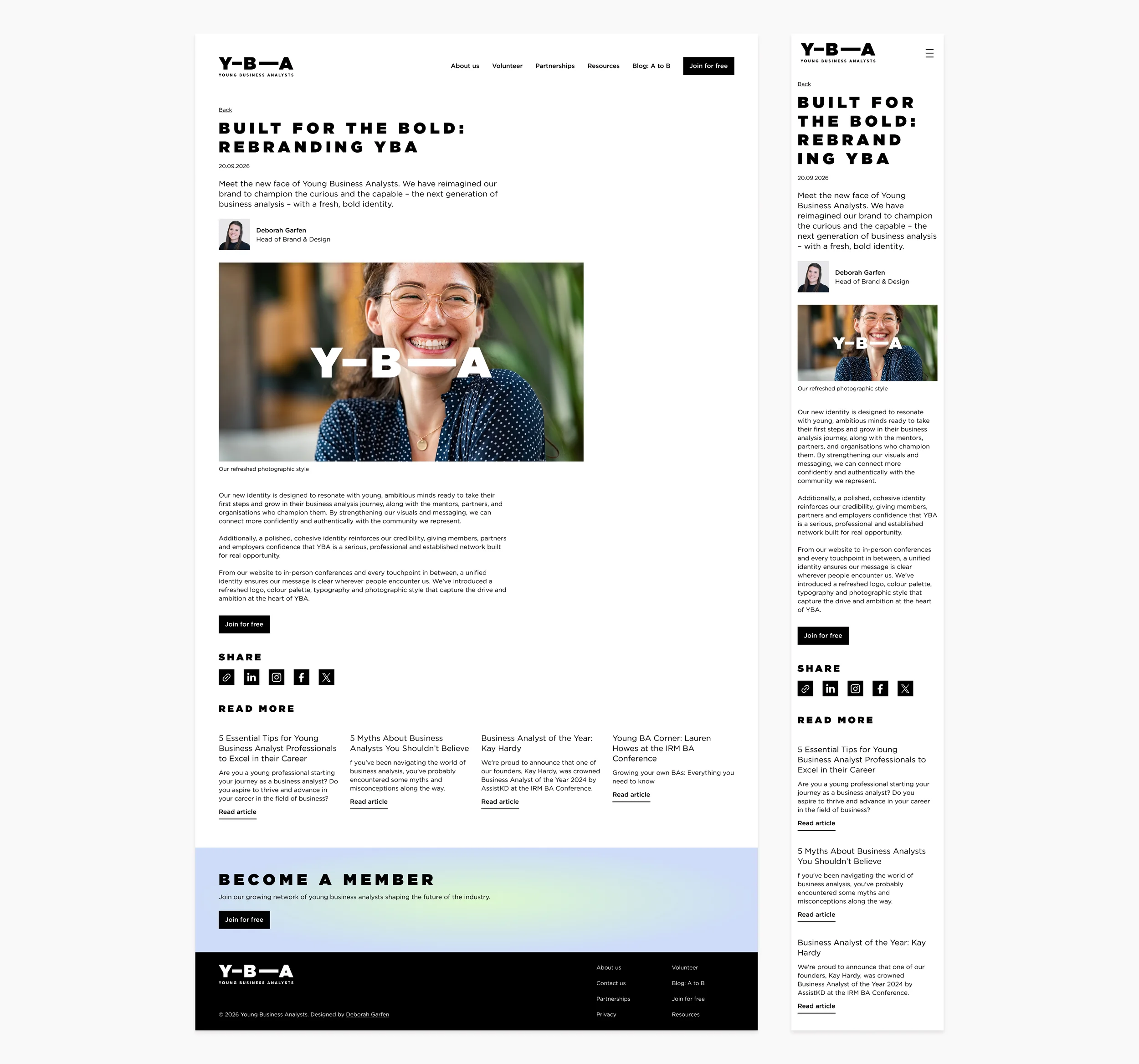 YBA blog article &lsquo;Built for the bold: rebranding YBA&rsquo; on desktop and mobile